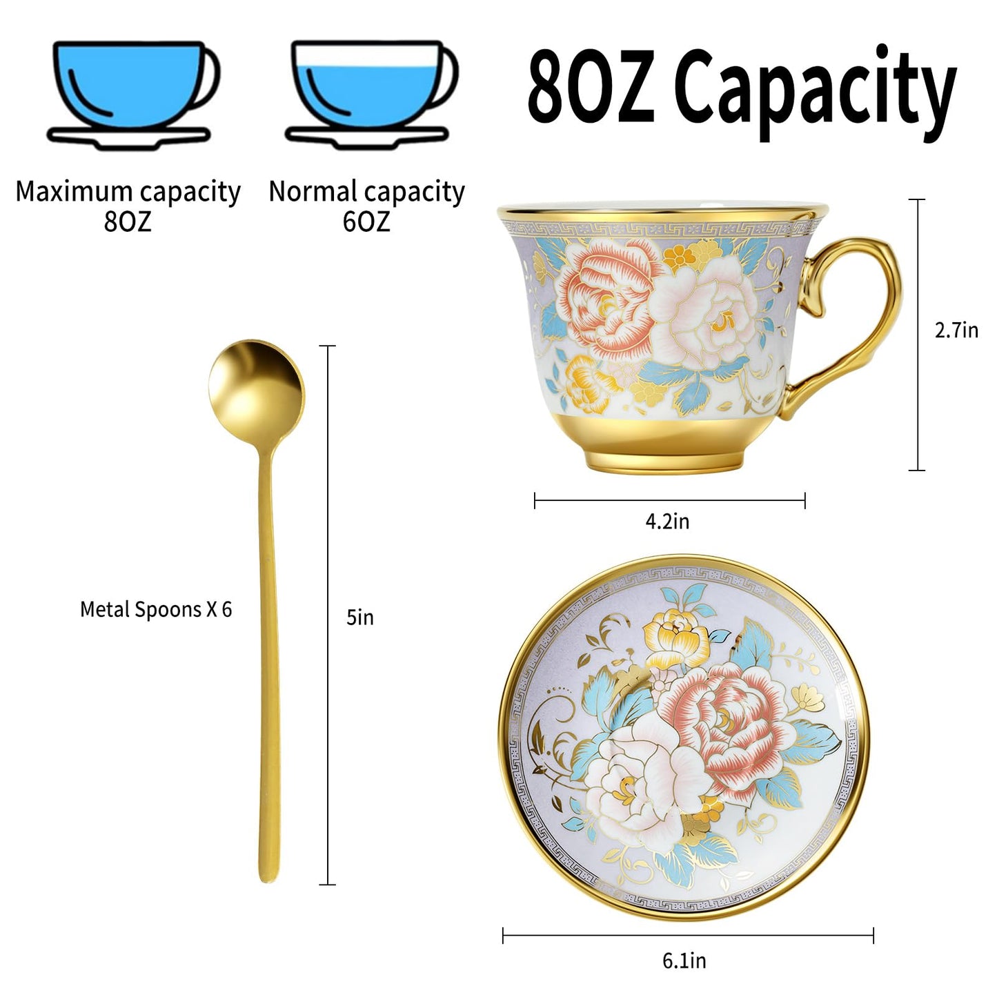 XRBEOU Tea Cups and Saucers, Tea Cup Set of 6, 8 OZ Floral Cups Porcelain Cup Set for Cappuccino, Coffee, Afternoon Tea Birthday Party Supply Housewarming Gift