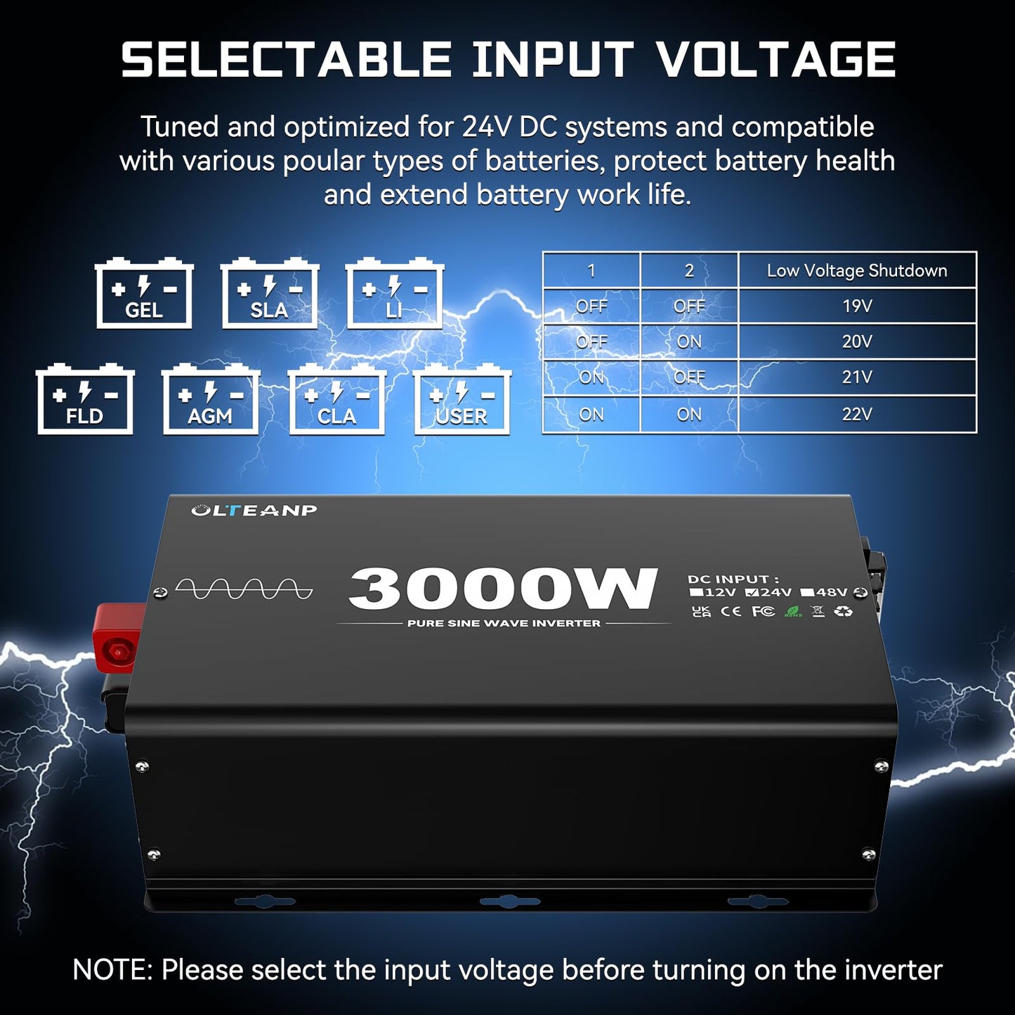 24V 3000 Watts Pure Sine Wave Inverter 24V DC to 110V AC, 6000W Peak Power, 4 AC Outlets, USB & Type-C Port, Adjustable Input for Lithium Battery, Solar/RV/Truck Backup with LCD Remote