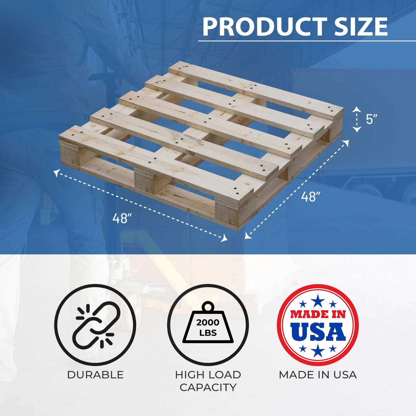 Nutan, Heavy-Duty 4-Way Entry Wooden Pallet – 48x48x5”, Industrial-Grade Hardwood Shipping Pallet, Durable, Reusable, Stackable, Easy to Handle, Commercial Use as a Floor-Pallet, 1 Pack