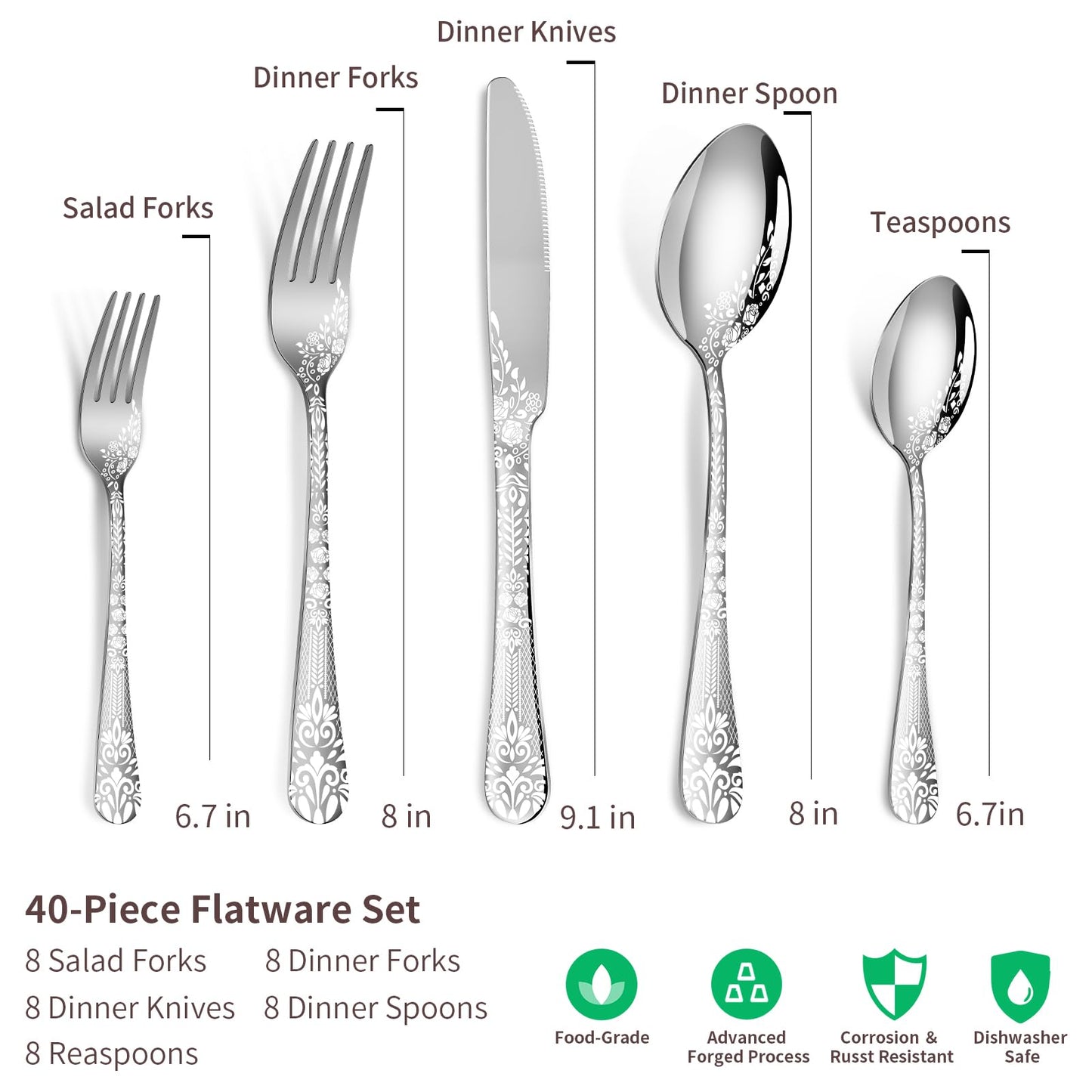 40 Piece Silverware Set, Stainless Steel Flatware Cutlery Set Service for 8, Mirror Polished Tableware Eating Utensils Set for Home Kitchen, Include Knife Fork Spoon Set, Dishwasher Safe