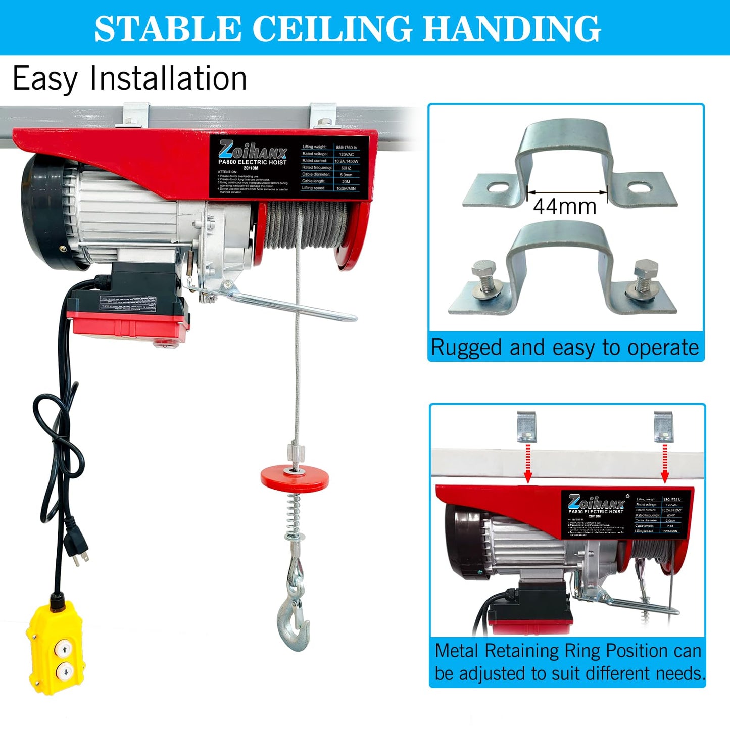 1760 lbs Electric Hoist with Remote Control,Wireless/Wired Electric Hoist 2 in 1,110V Single/Double Slings Steel Lift Hoist Winch for Garage Warehouse Factory