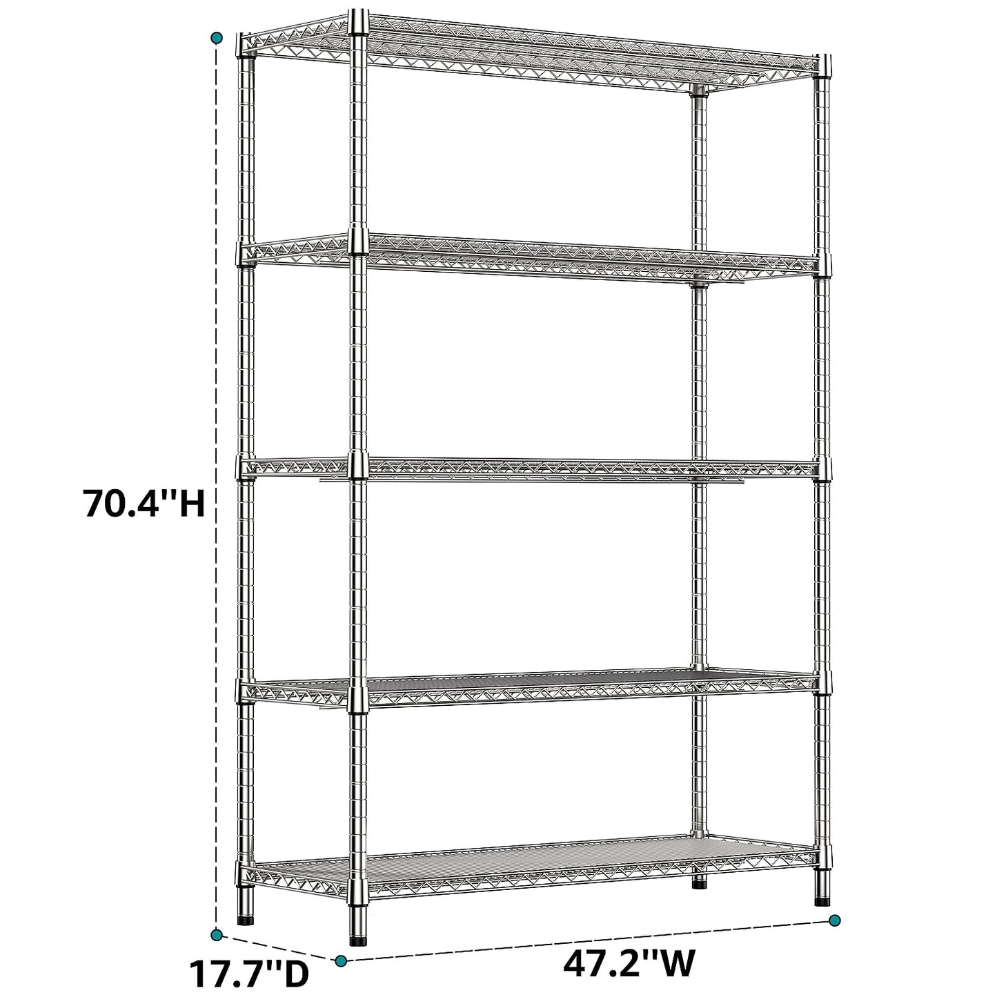 IZEUK 4250 LBS Garage Shelving Wide Storage Shelves 5 Tier Metal Shelves Heavy Duty Adjustable Utility Shelf Rack Chrome 17.7" D x 59.1" W x 70.4" H