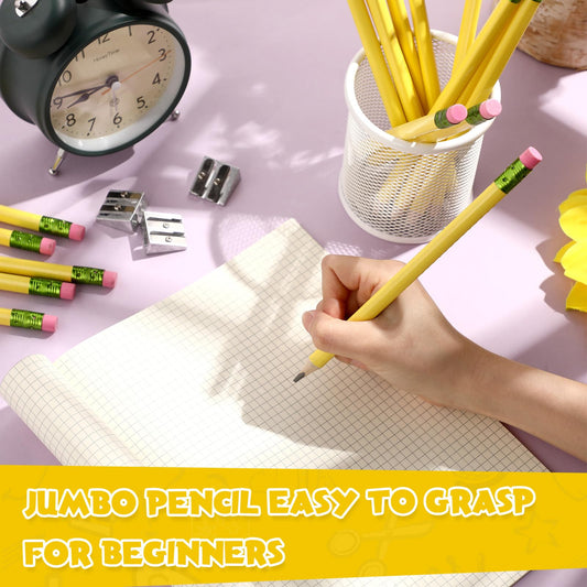 Fainne 102 Pieces Jumbo Pencils Set for Kids Toddlers 96 Thick Fat Large Pencils with Erasers 6 Sharpeners Bulk for Preschool Kindergarten Elementary School Classroom(Yellow,Triangle)