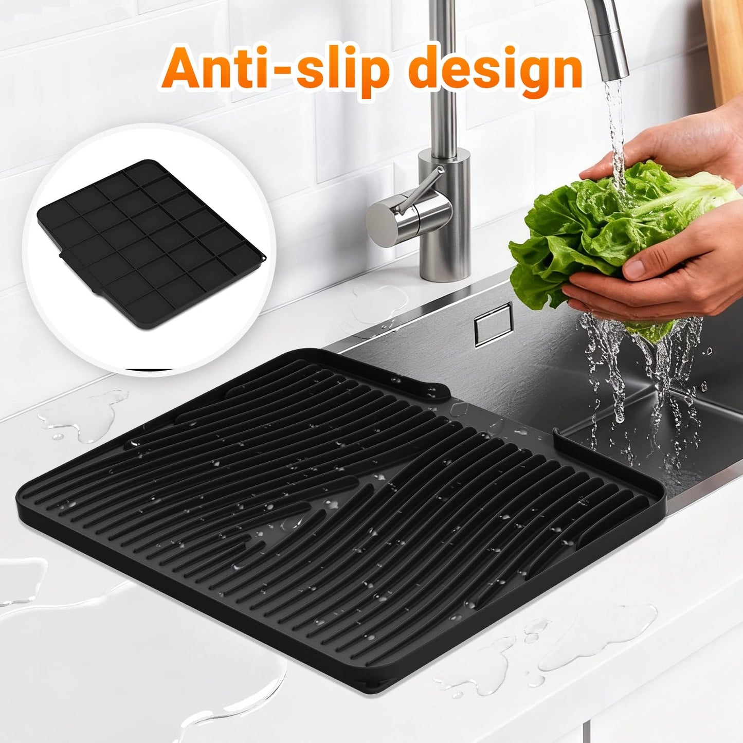 Silicone Dish Drying Mat for Kitchen Counter,Dish Drying Pad,Non-Slip Drain Pad with Built-in Drain,Heat Resistant Stone Drying Mat,15.8"x 13",Black