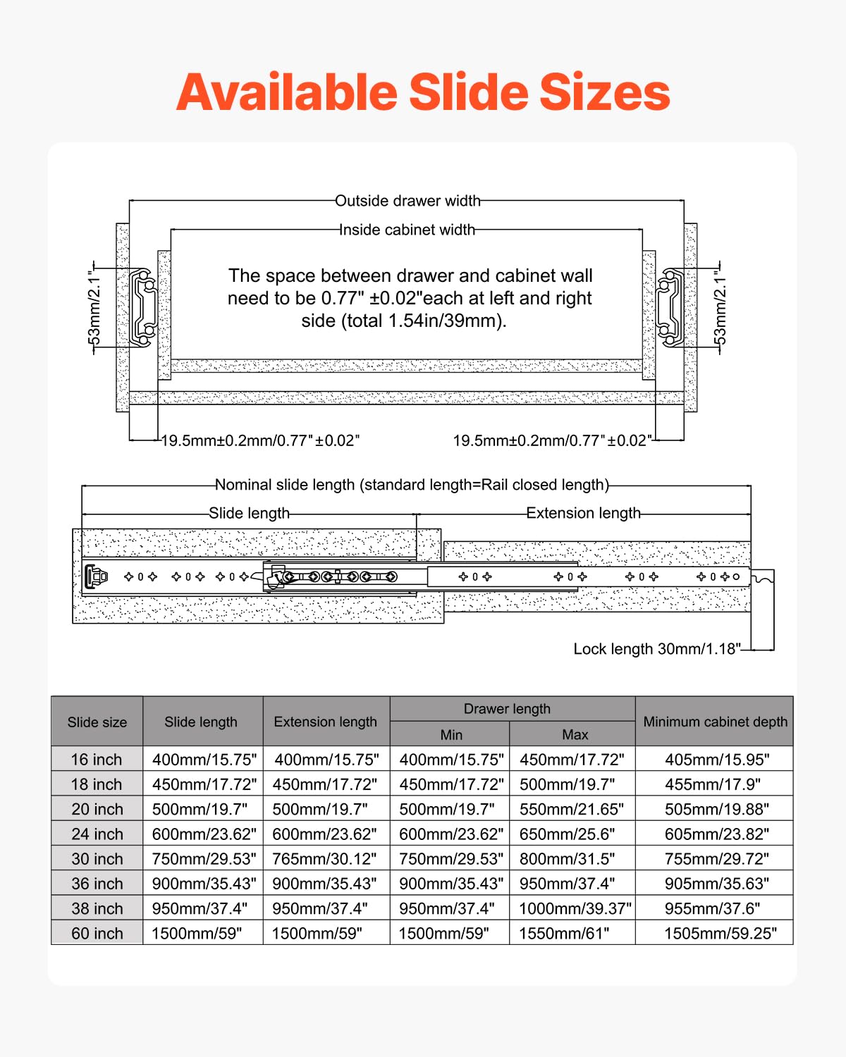 VEVOR Heavy Duty Drawer Slides 60inch, 1 Pair Locking Drawer Slides 250lbs Load Capacity, Side Mount Ball Bearing, 3-Fold Full Extension