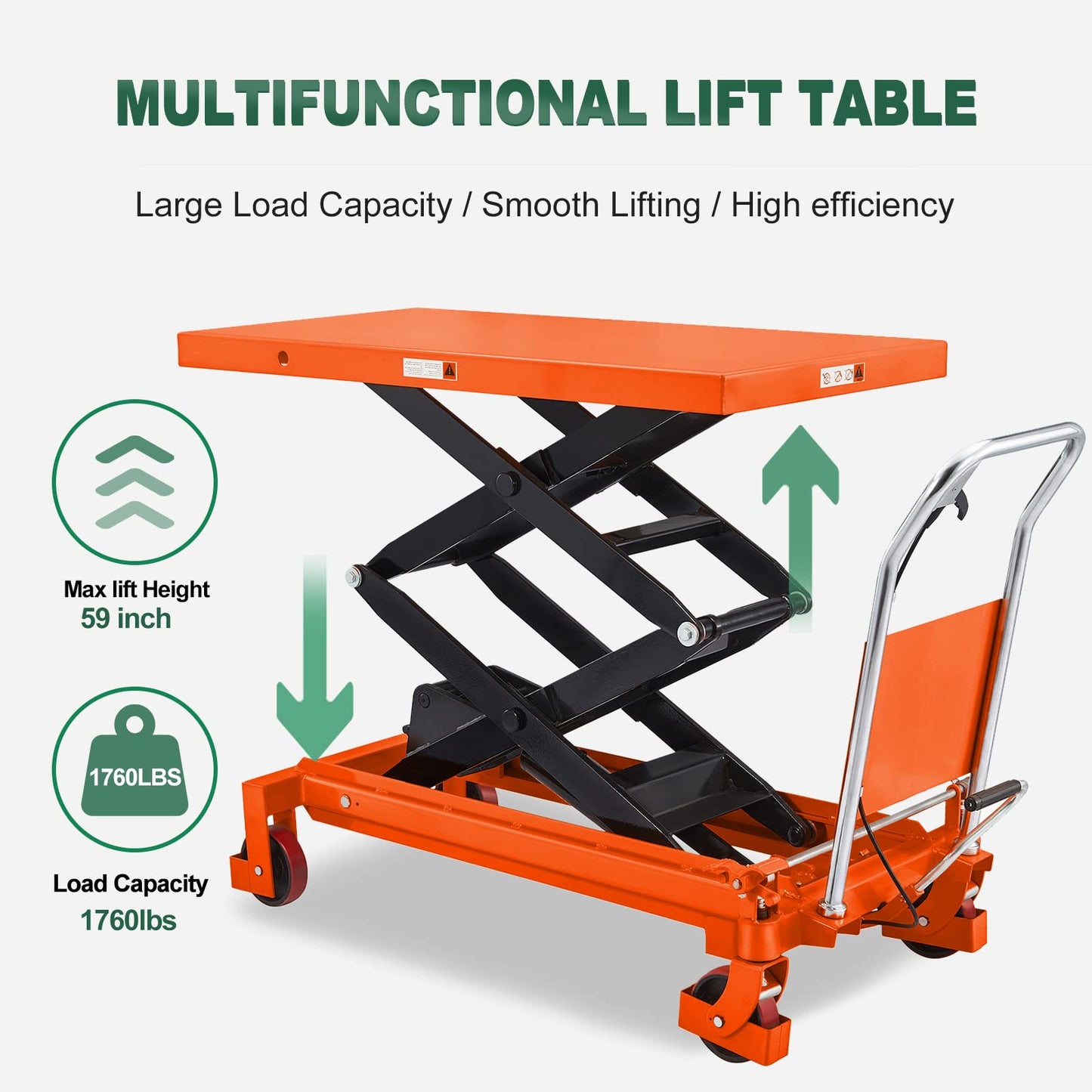 Tory Carrier Double Scissor Lift Cart 1760 Lb. Capacity, Hydraulic Lift Table Cart 59" Lifting Height, Manual Scissor Lift Table 4 Wheels, Foot Pump, Elevating Cart for Material Handling