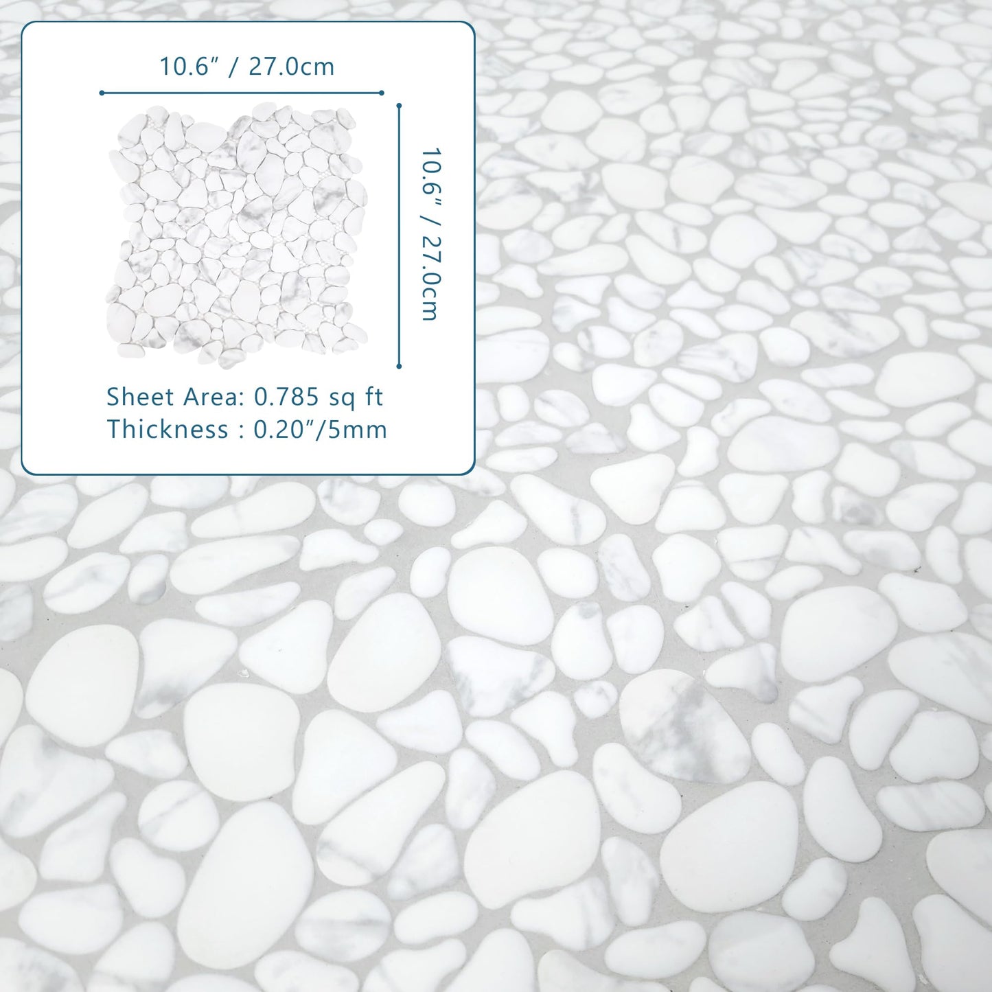 SUNWINGS 10-Sheet Pebble Tile for Shower Floor Border Kitchen Bathroom Backsplash, Carrara White Recycled Glass Marble Stone Looks Wall and Floor Tile, Covers 7.9 Sq. Ft