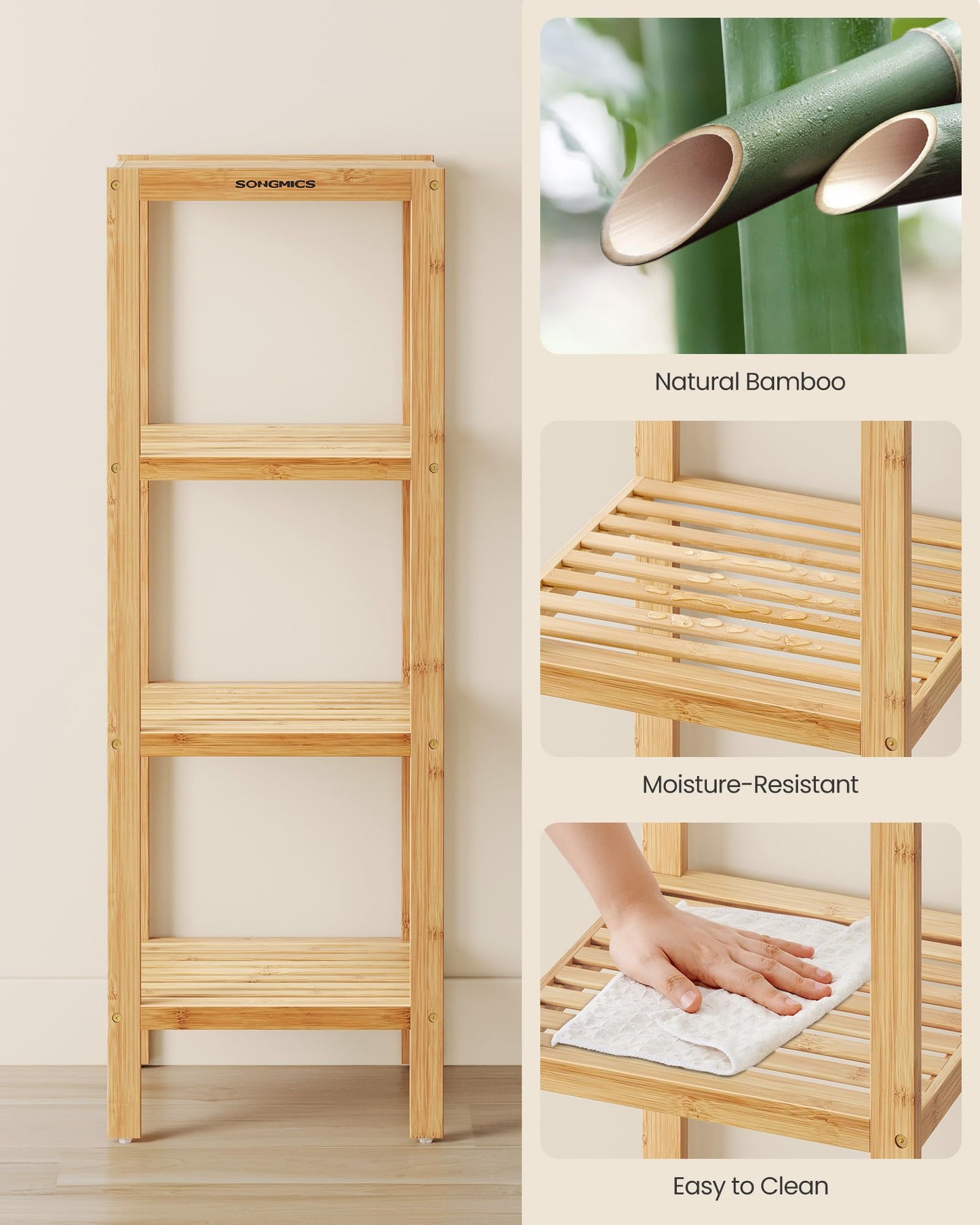 SONGMICS 4-Tier Bamboo Shelf, Narrow Bathroom Shelf, Standing Towel Rack, Corner Rack, for Kitchen, Living Room, Bedroom, Entryway, Bathroom, Natural UBCB54Y
