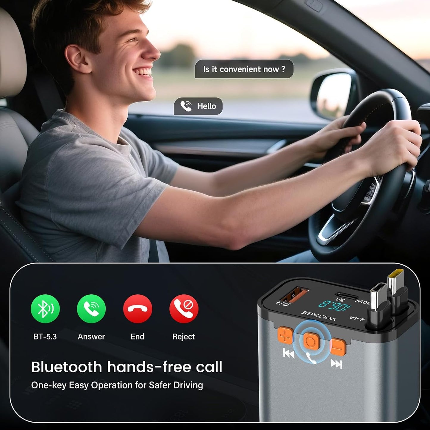 SEANCHEER 69W 2 5.3 MP3 Car Bluetooth Adapter & Car Charger USB C, Cigarette Lighter Adapter with Retractable Cables