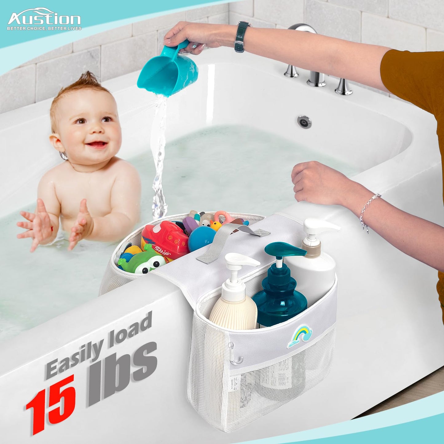 Saddle shape 2 Compartments Bath Toy Organizer, Easy Access for Children, Wide Opening Bath Toy Holder for Drying Toys and Storage, Mesh Shower Toy Holder and Bath Tub Toy Storage Organizer for Tub.