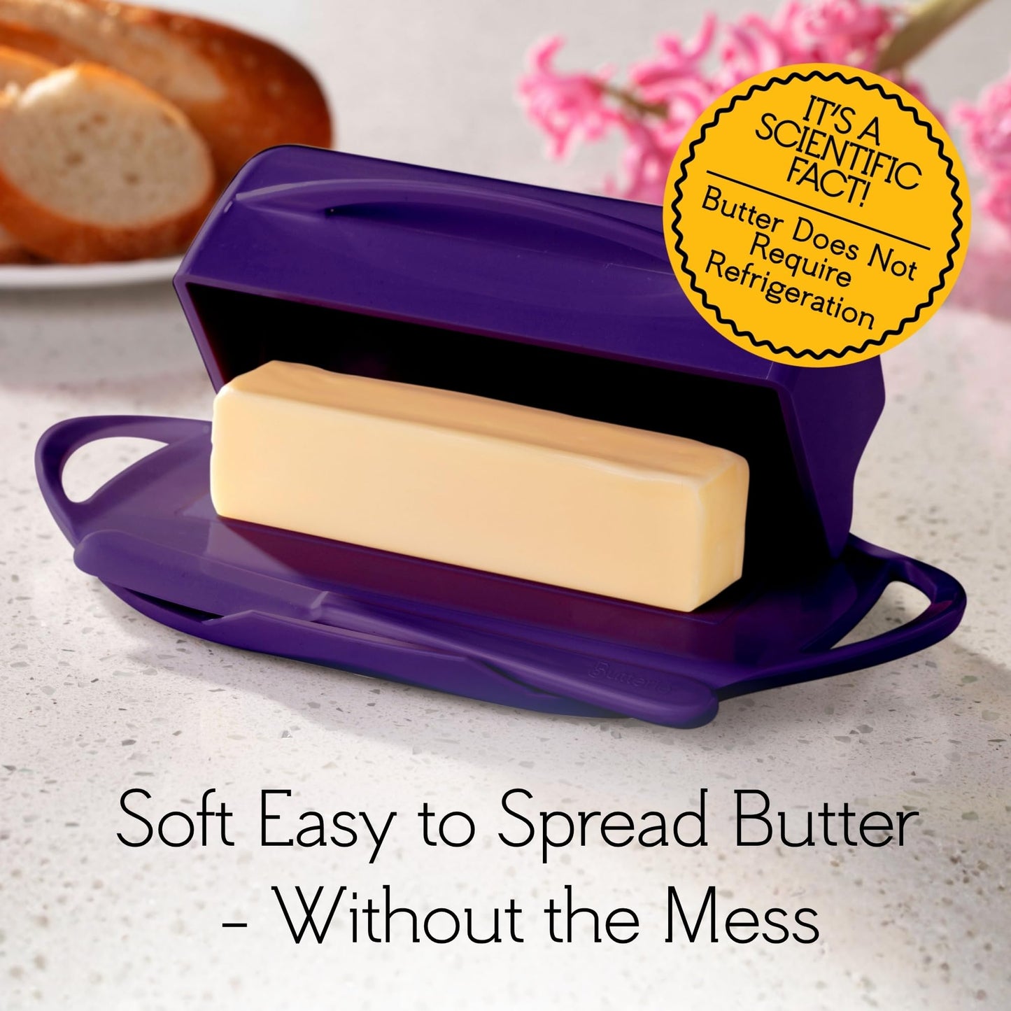 Butterie Flip Top Butter Dish with Attached Lid & Matching Knife - Holds 2 Sticks, Fits Kerrygold/European Butter - BPA Free & Dishwasher Safe - Purple