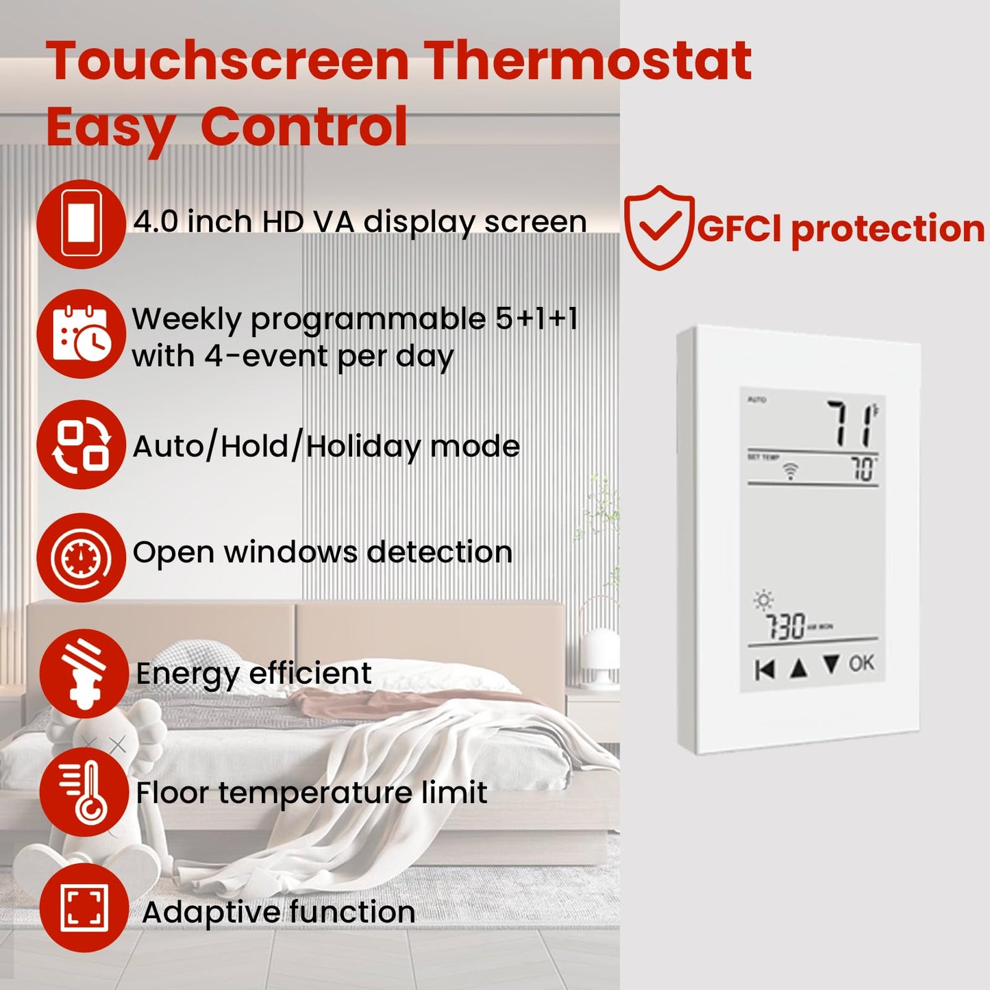 50 sqft HEATIT Warmmat Electric Radiant Self-adhesive Floor Heat Heating System & ET-72 Thermostat & Alarm Monitor