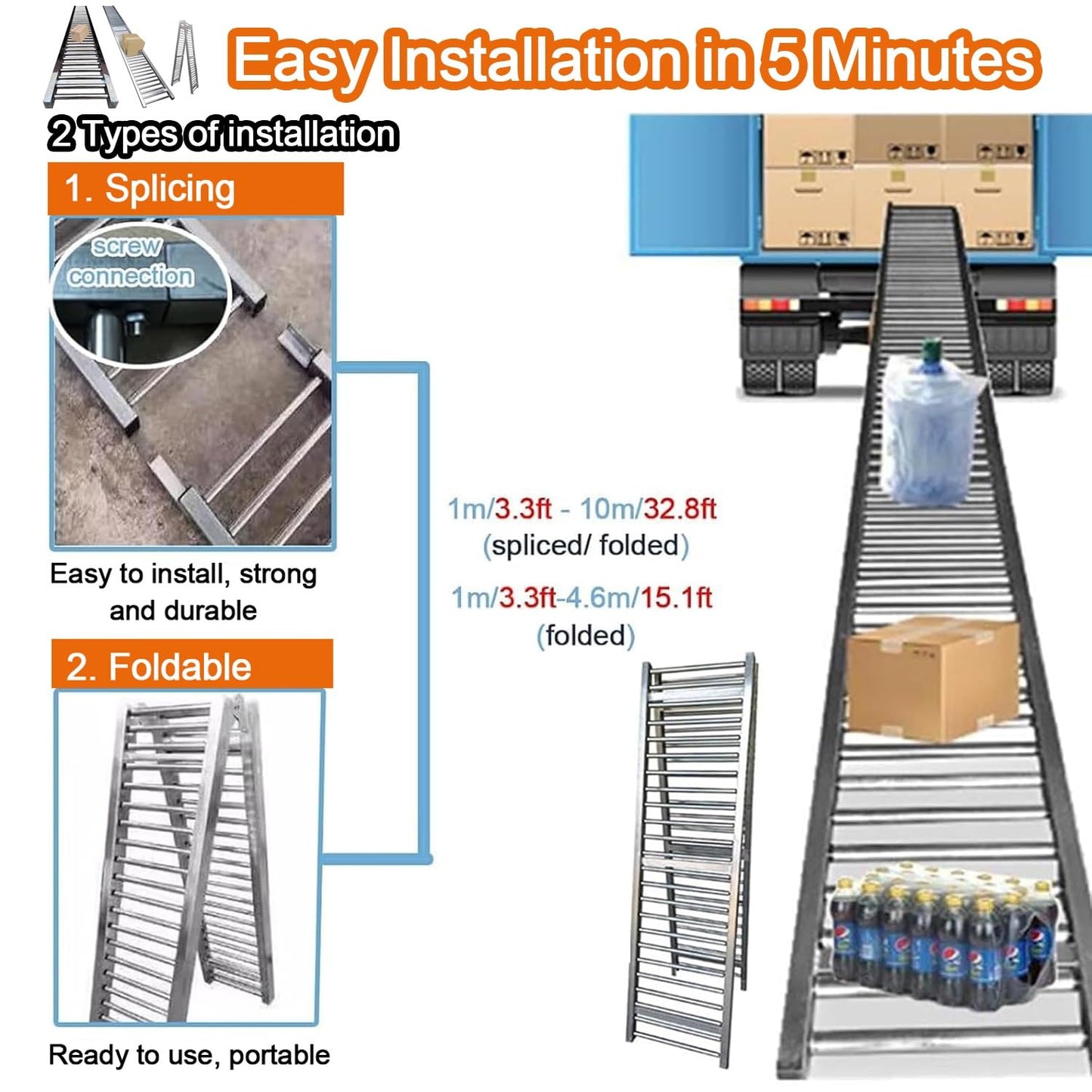 Heavy Duty Adjustable Gravity Conveyor Roller for Warehouse Unloading, 3.3-33ft Lengths, 20in Width, Durable & Versatile Stand for Efficient Material Handling