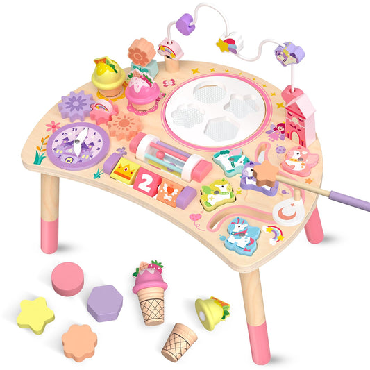 Hewaurorion Wooden Activity Table for Toddlers 1-3, Unicorn 10-in-1 Montessori Busy Board with Bead Maze Shape Matching Gears Clock, Sensory Learning Toys for 1 2 3 Year Old Girls Boys Birthday Gift