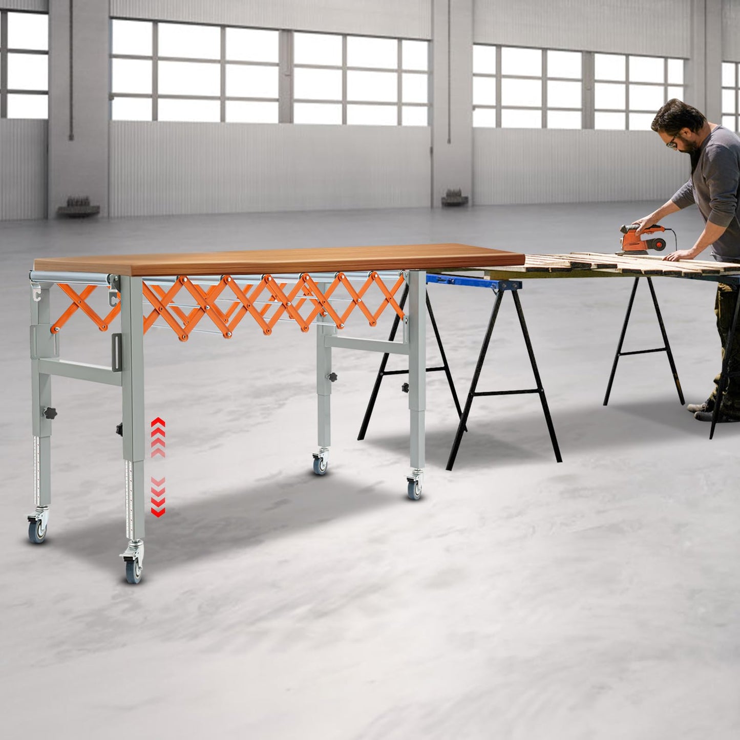 Adjustable Conveyor Table, Material Handling Table, 110 lb Extendable Conveyor with Swivel Casters & Hooks, 4 Brake Wheels, Industrial Conveyor for Warehouse, Assembly, Woodworking