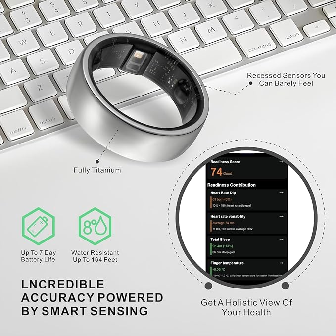 Smart Ring, Activity Trackers, Sleep Ring, Fitness Tracking, Stress Tracker, Heart Rate, Meditation, Temperature, Respiratory, No App Subscription, Women, Men, iOS, Android (Silver, 6)