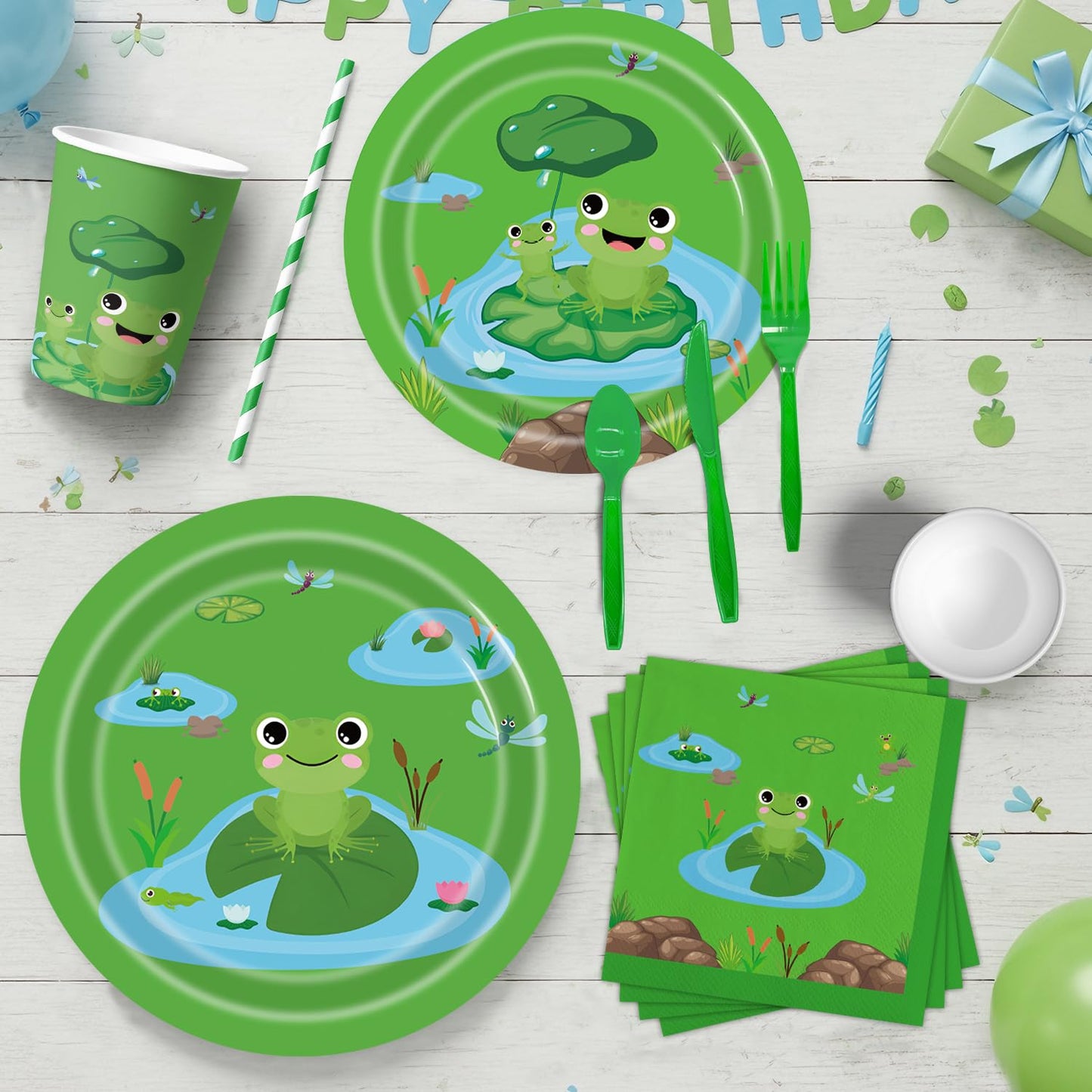 140Pcs Frog Birthday Party Decorations for 20 Guests - Tableware Supplies Frog Party Plates and Napkins Forks Cups Knives Straws for Baby Shower Birthday Party Decorations