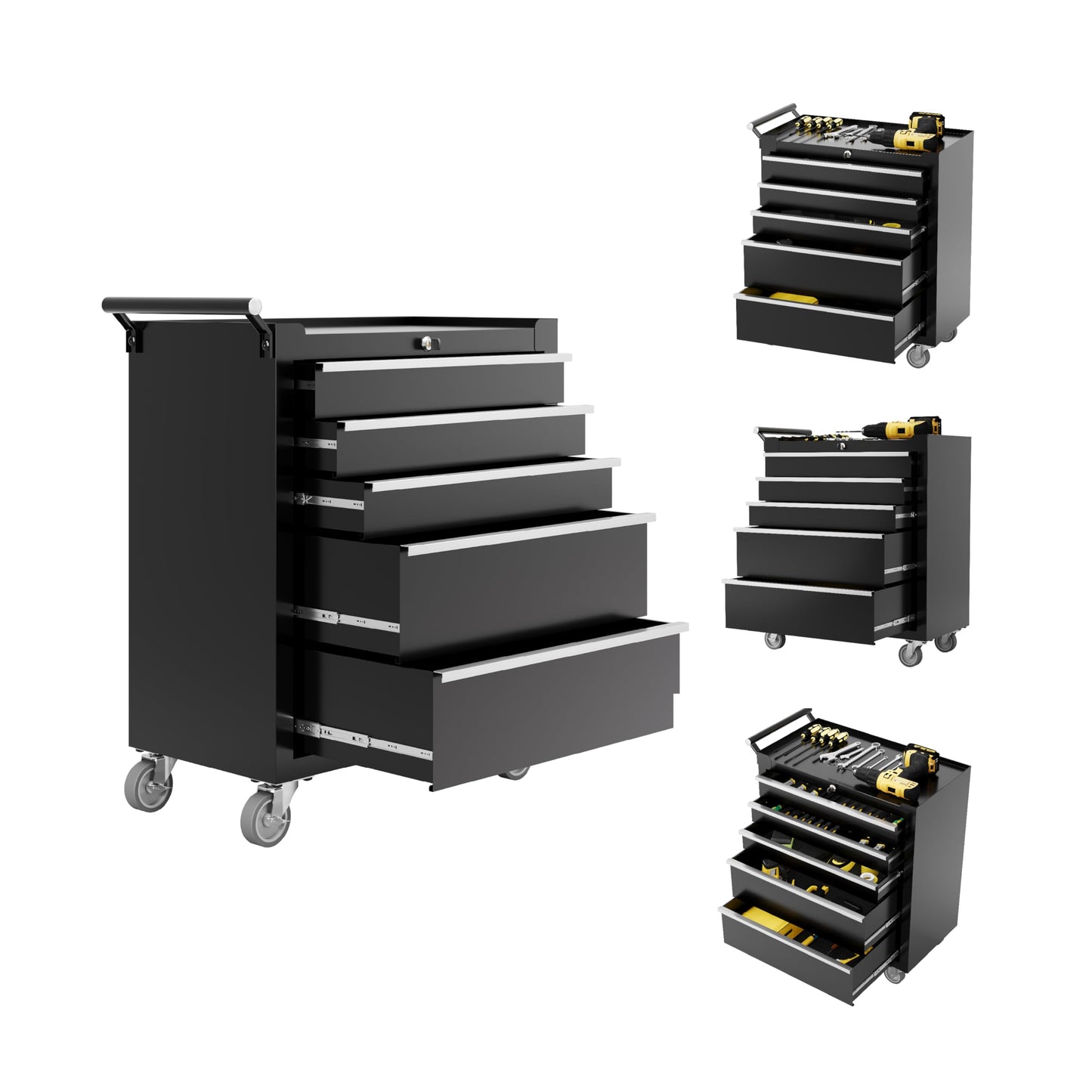 PeakPursuit 5-Drawers Rolling Tool Chest, Portable Tool Box with Wheels and Lock System, Secure Storage Cabinet for Warehouse, Workshop, and Repair Shop, Black