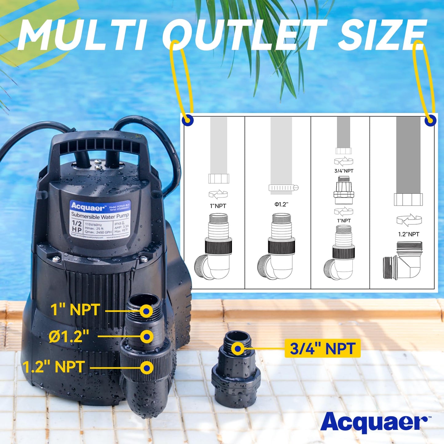 Acquaer 1/2 HP Automatic Sump Pump, 2450 GPH Submersible Water Pump with 3/4”Garden Hose Check Valve Adapter, Thermoplastic Utility Transfer Pump for Flooded Basement Pools Tub Draining, 19ft Cord