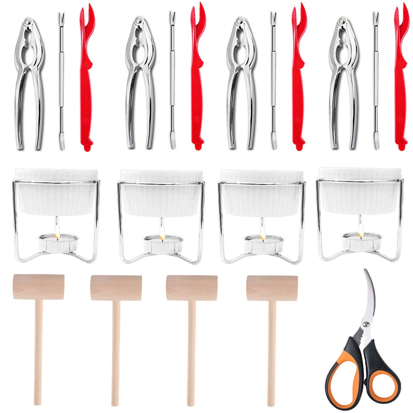 Artcome 21 Pcs Seafood Tools Set includes 4 Crab Forks, 4 Lobster Crab Crackers, 4 Lobster Shellers, 4 Butter Warmers, 4 Lobster Crab Mallets, 1 Seafood Scissor