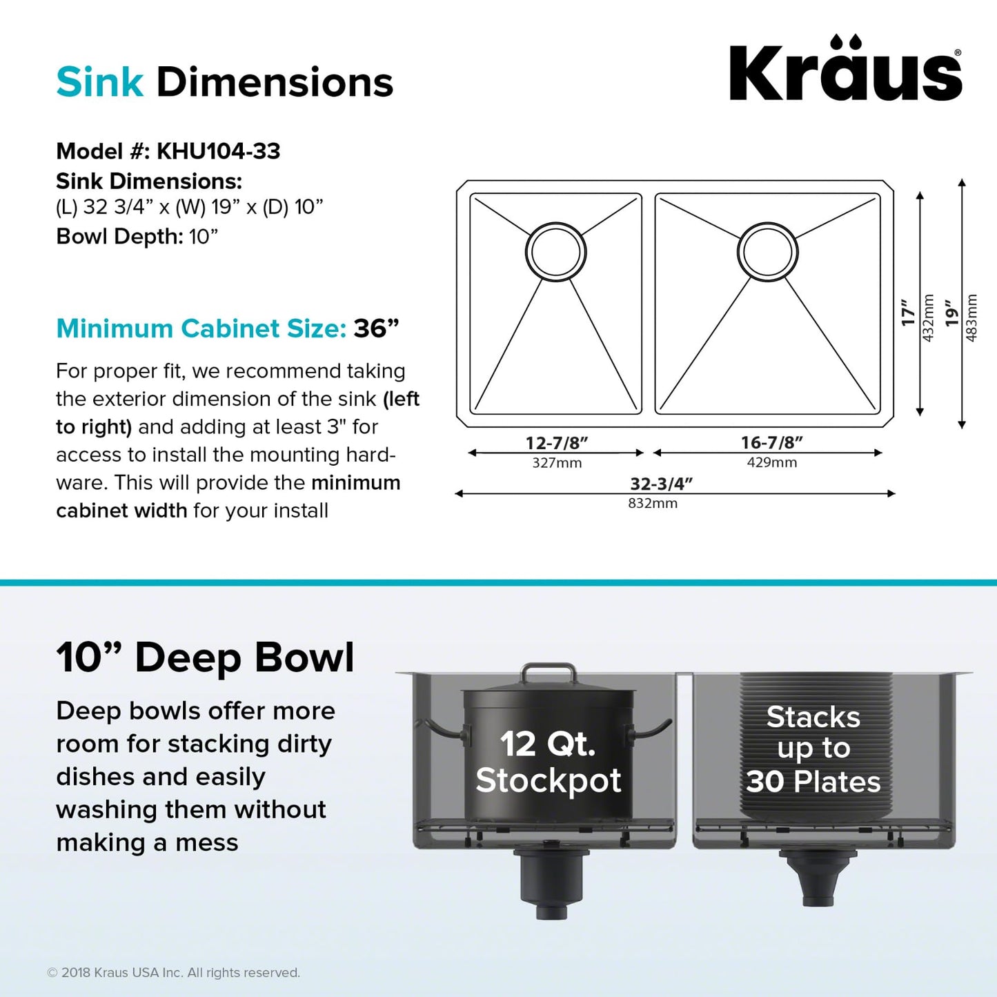 KRAUS Standart Pro 33 -inch Undermount 60/40 Double Bowl 16 Gauge Stainless Steel Kitchen Sink, KHU104-33
