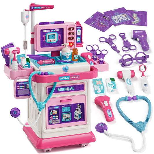 Lehoo Castle Doctor Kit for Toddlers 3-5 Pink, Gifts for Girls 2-4 Years Old, Kids Doctors Play Set, Mobile Cart with Lights and Sound, Toys for Girls 3+ 4 5 Years Old, Christmas