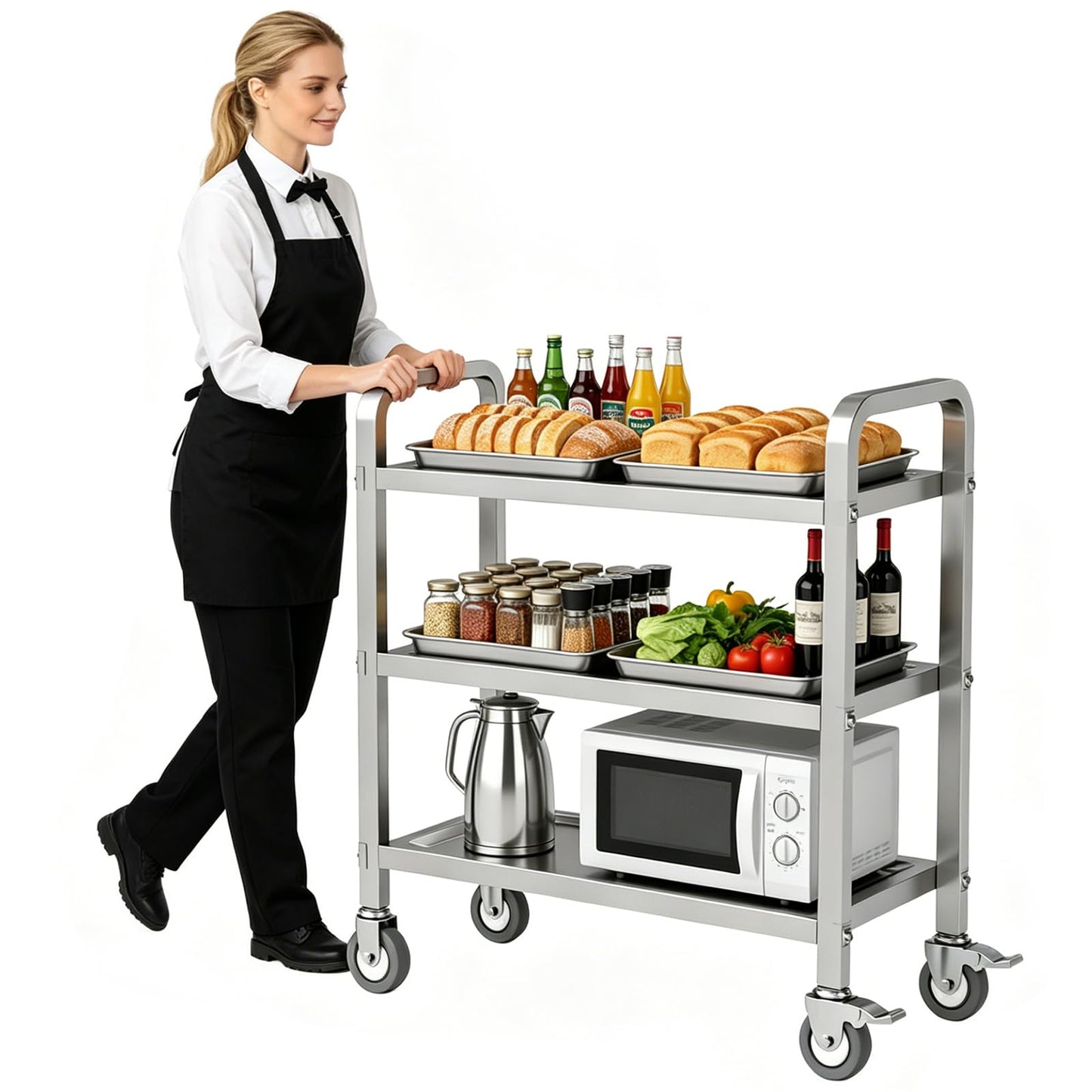 HOCCOT All Stainless Steel Cart, 3 Tier Utility Cart with Brake Wheels, Storage Trolley Heavy Duty Rolling Cart with Strong Load Bearing Easy Assembly for Home Kitchen Restaurant Hotel Lab