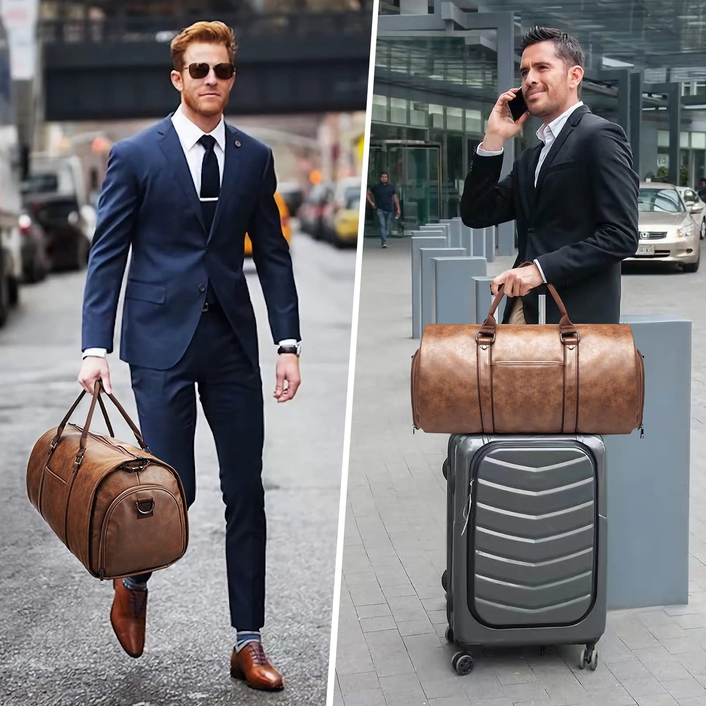 BOLOSTA Carry on Garment Bags for Travel Leather Garment Duffle Bag Convertible Mens Suit Travel Bags with Shoe Compartment,Waterproof,Perfect for Business Travel/Husband Gifts (Brown)