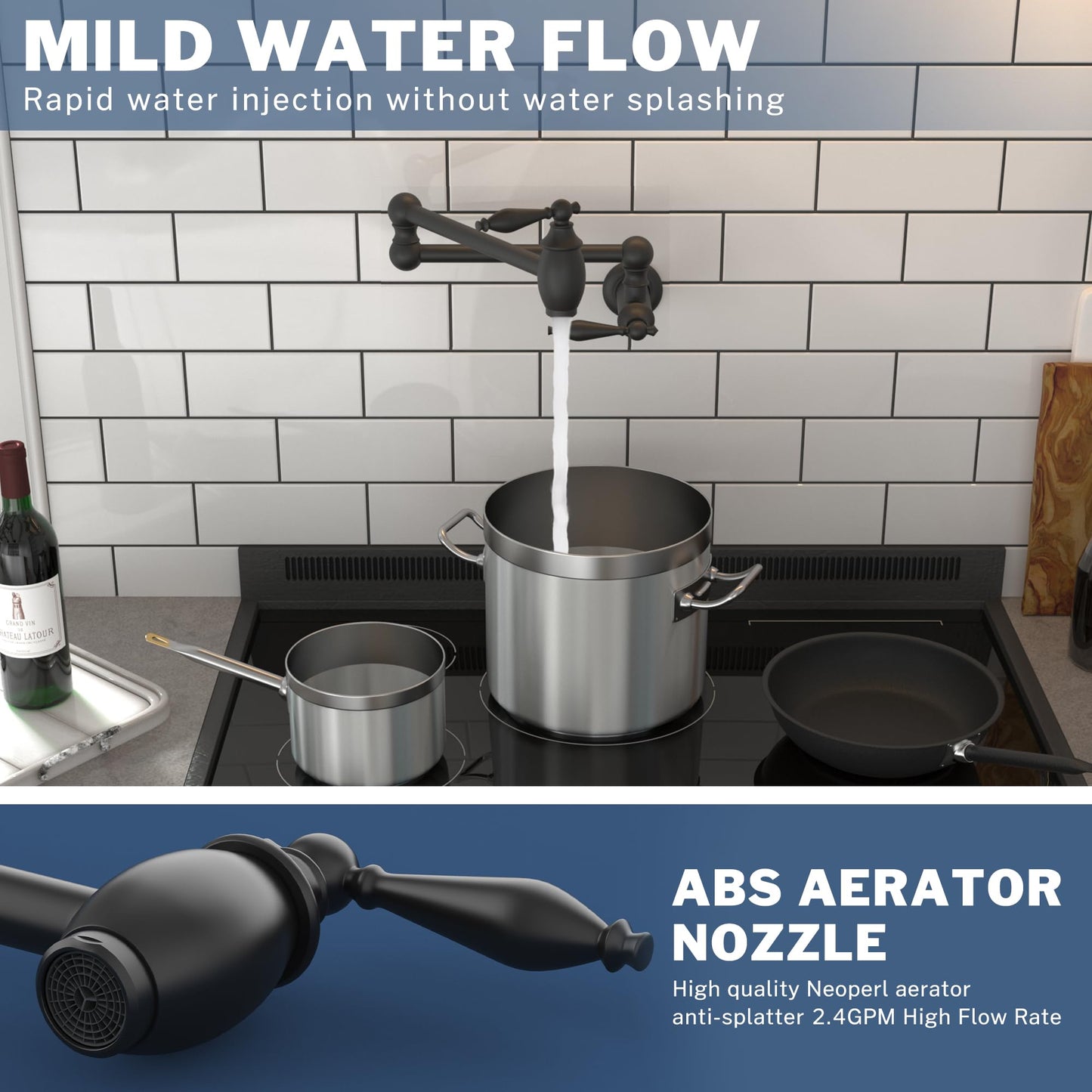 GIMILI Matte Black Pot Filler Faucet Wall Mount Kitchen Faucets Over Stove Faucet Folding Faucet with Double Joint Swing Arms