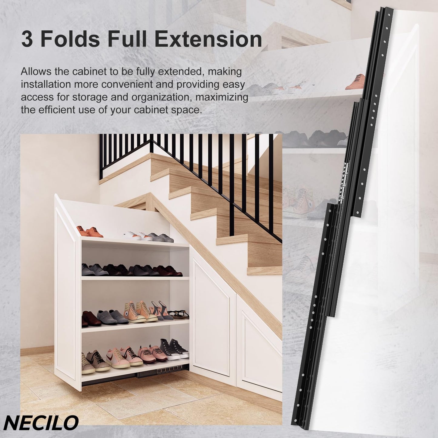 NECILO 36 Inch Undermount Heavy Duty Drawer Slides, 260 lbs Load Capacity, Full Extension Ball Bearing, Concealed Drawer Slides Suitable for Under-Stair and Base Cabinet, Bottom Mount, 1 Pair