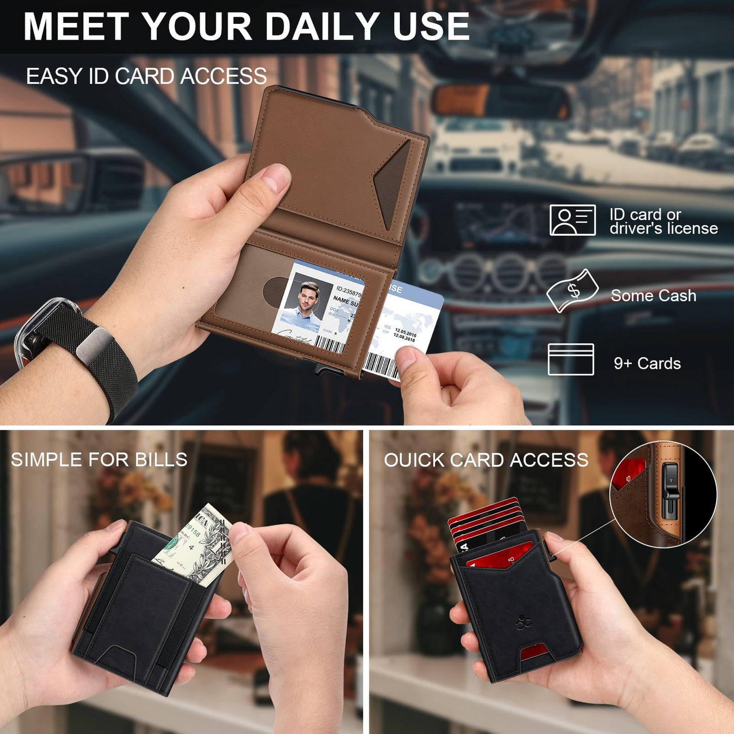 Wallet for Men Wallet with Slim Pop Up Card Holder 9-13 Cards, Bifold Minimalist Smart Wallet RFID Blocking Credit Card Holder with ID Window & Stretchable Cash Slot Compact Metal Aluminum Card Case