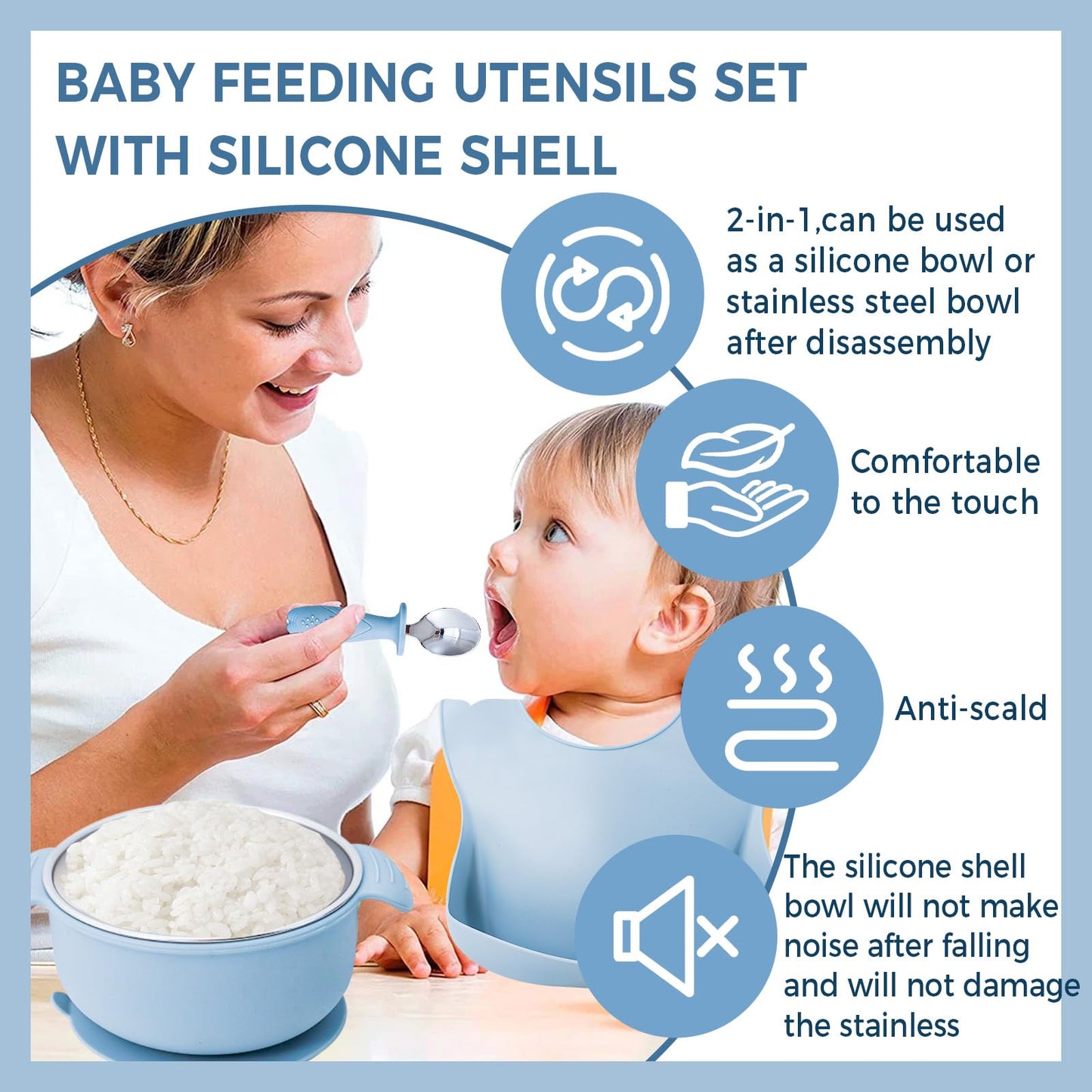 7 Pieces 304 Stainless Steel Baby & Toddler Feeding Set - Suction Divided Plates, Bowls, Silicone & Stainless Spoon Fork,Pocket Bib Unbreakable, Dishwasher Safe Kids Dinnerware Essentials (Blue)