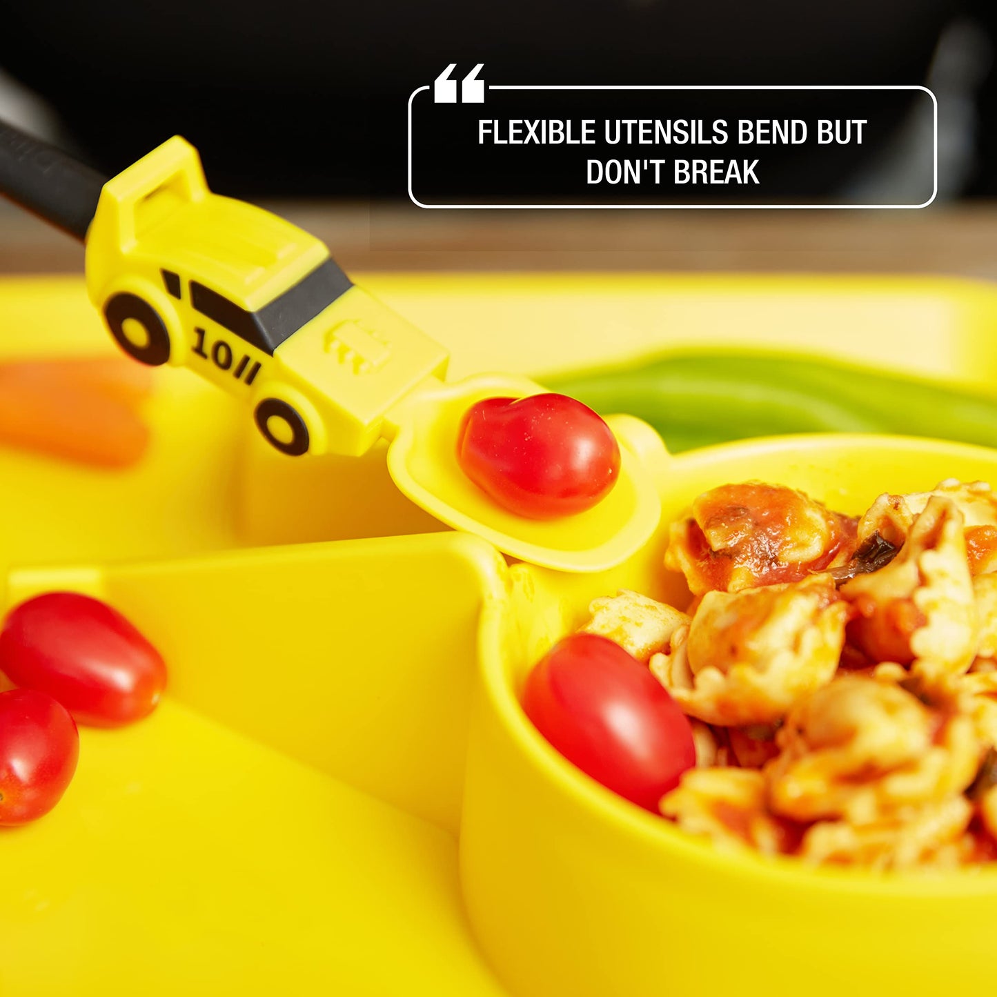 Dinneractive Utensil Set for Kids – Yellow Race Car Themed Fork and Spoon for Toddlers and Young Children – 2-Piece Set