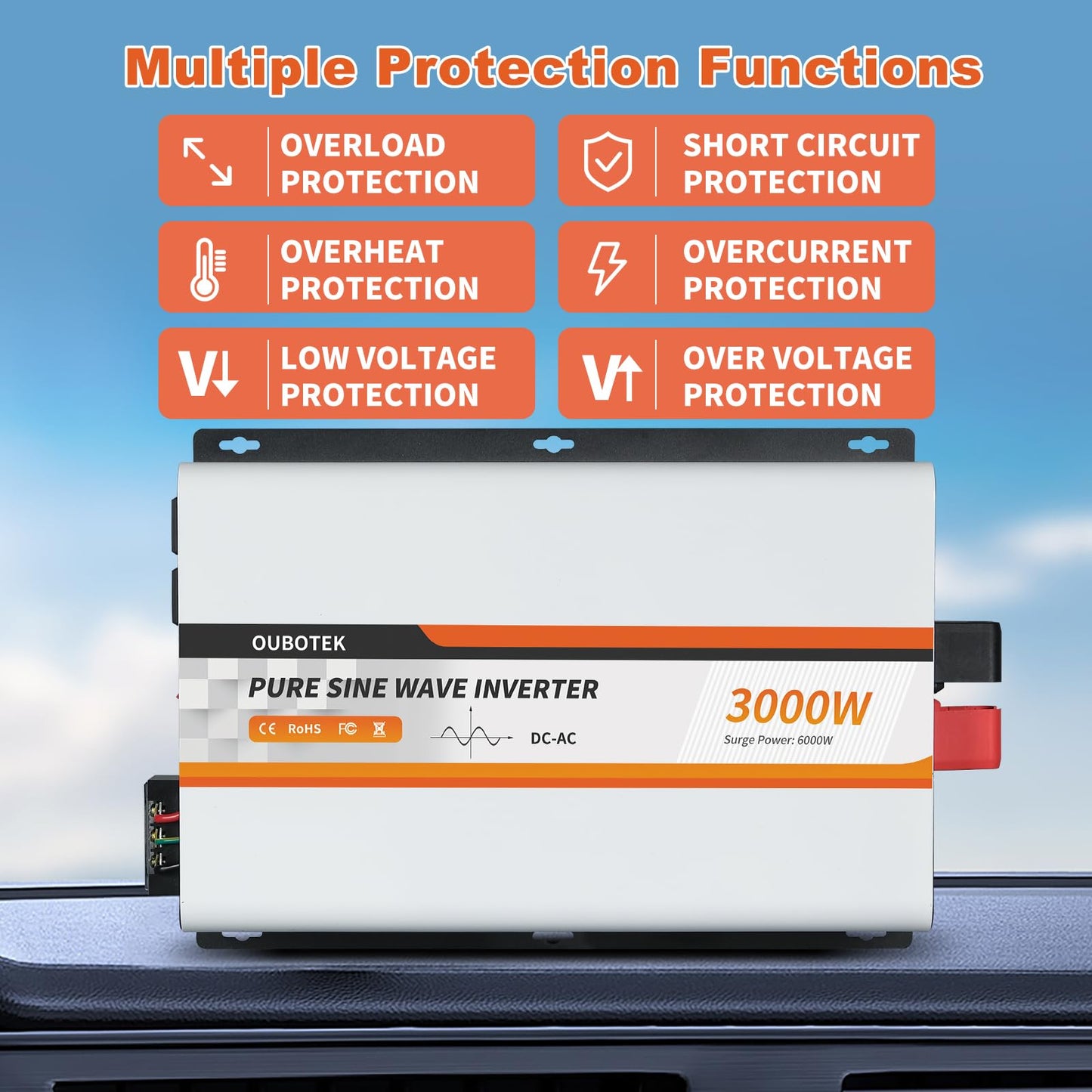 OUBOTEK 3000 Watt Pure Sine Wave Power Inverter, DC 12V to AC 120V with LCD Display, Remote Control, USB Port, 4 AC Outlets, and Terminal Block for RV Boat Camping Solar System and Home Use