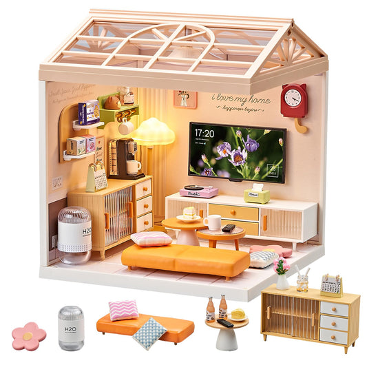 Qudify Miniature Living Room DIY Kit – 92Pcs 1:24 Scale Dollhouse Furniture with LED Light, Modular Scene Connector & Realistic Details for Kids 8+ and Collectors