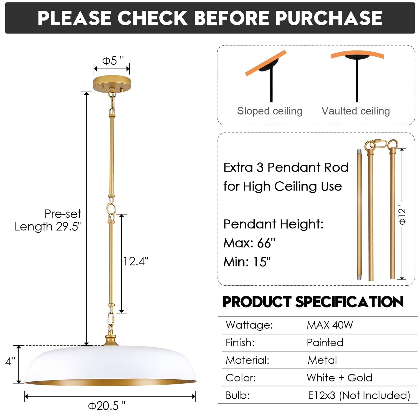 Large Pendant Light 20in White and Gold Dome Pendant Lights 3 Light Socket Pendant Light Fixture with Adjustable Pendant Lighting for Kitchen Island Dining Room Kitchen Sink, E12