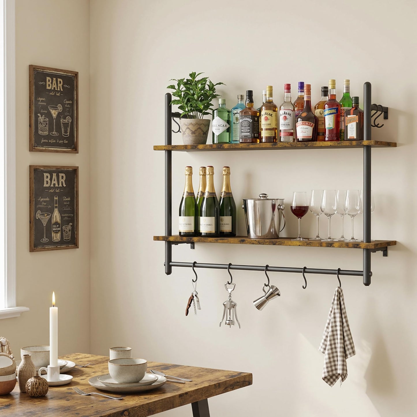 Merapi Industrial Pipe Floating Shelf with Towel Bar & Hooks - 31.5" Wall Mounted Kitchen, Bathroom, Coffee Bar Shelf - Modern Farmhouse Wood & Metal Shelves with 8 S-Hooks