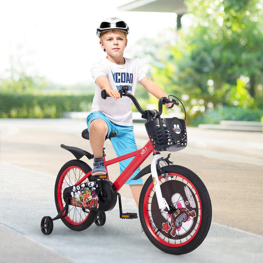 BABY JOY Kids Bike, 18 Inches Child Bike for 4-8 Years Old with Adjustable Height, Training Wheels, Storage Basket, Handbrake & Coaster Brake, Kids Bicycle for Girls Boys (Rabbit Pilot, Red)