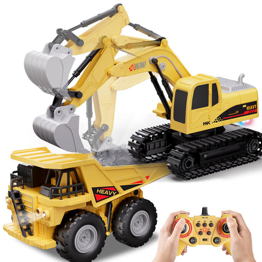 QuirkyGlee RC Excavator and Dump Truck Toy Set for Kids - 11 Channel Remote Control Construction Vehicle with Lights and Sounds, Music, 2.4Ghz Rechargable Digger Car, Gifts for Boys Kids Ages 6-8