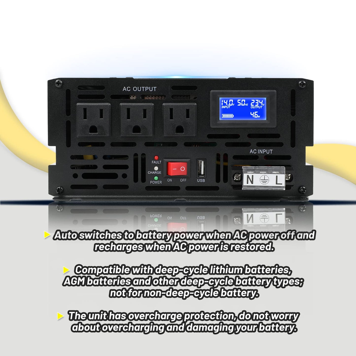 Miumoon 2000W Primary Sump Pump Backup System, Basment Protection Backup Inverter, Black, LCD Display, Auto Switches for Continuous Sump Pump Operation, Basement Emergency and Power Outage Backup