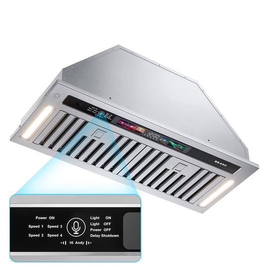 BRANO Range Hood Insert 30 Inch, 900 CFM Smart Voice/Gesture/Touch Control, 4 Speed Exhaust Fan, Stainless Steel Kitchen Hood with Charcoal Filter, Ducted/Ductless Convertible