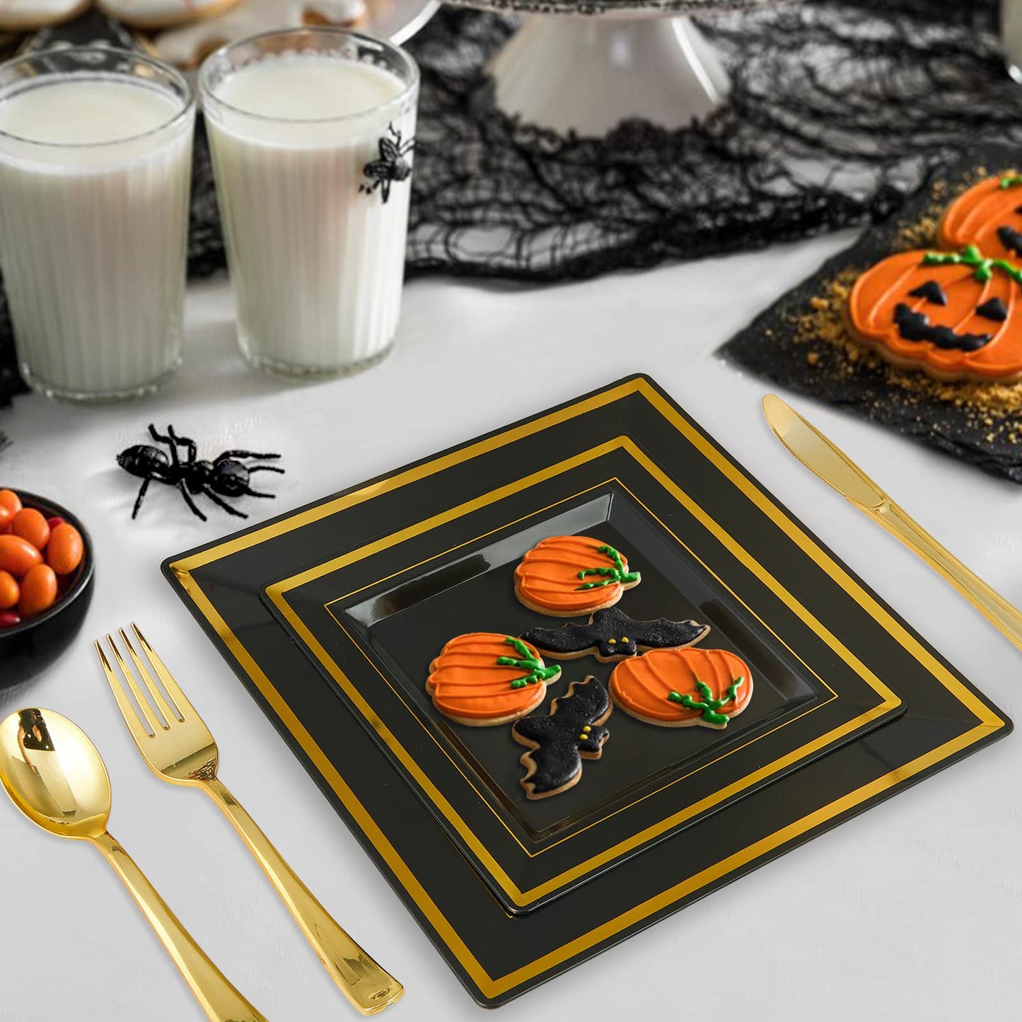JOLLY CHEF 125 Count Square Black Gold Plastic Plates, Including 25 Disposable Dinner, 25 Dessert, 25 Knives, 25 Forks and 25 Spoons, Plastic Dinner Plates for Weddings and Parties