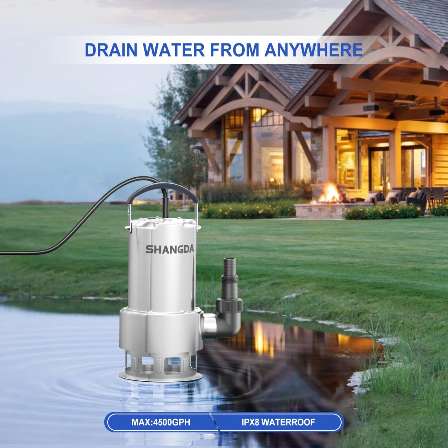 SHANGDA Sump Pump 1HP Submersible Water Pump 4500GPH Stainless Steel Electric Clean/Dirty Water Draining Transfer Pumps with Adapters for Pool Hot Tub Pond