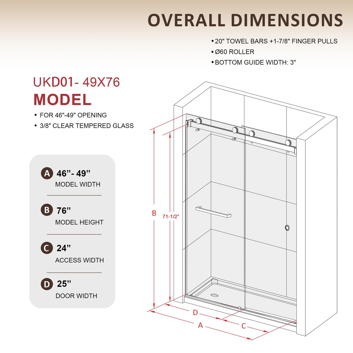 UKD01 46 to 49 in. W x 76 in. H Double Sliding Frameless Shower Doors - Stainless Steel 3/8" (10mm) Certified Tempered Glass 49x76-BN