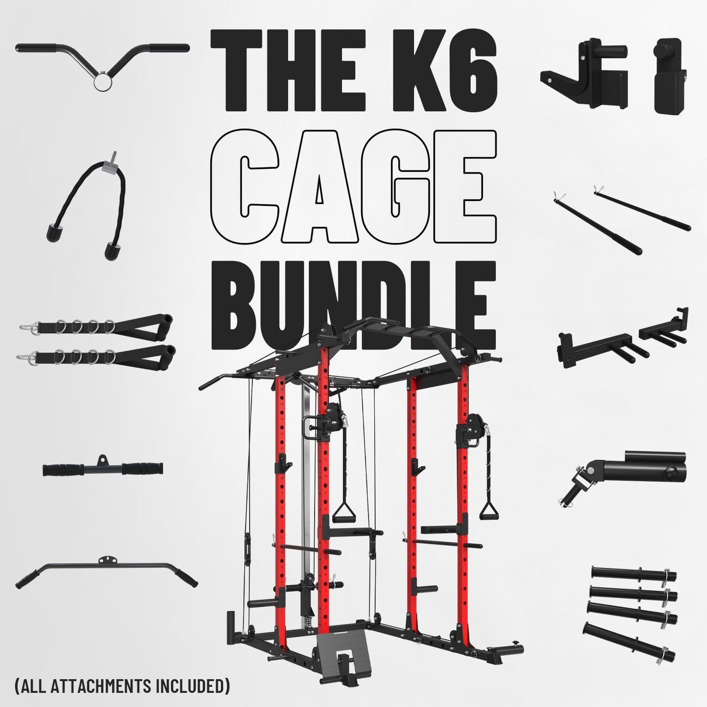 Mikolo Power Cage Power Rack with Cable Crossover System, 1500LBS Squat Rack,with LAT Pull Down System, Home Gym Packages with Weight Bench, Olympic Barbell Weight Set-Red