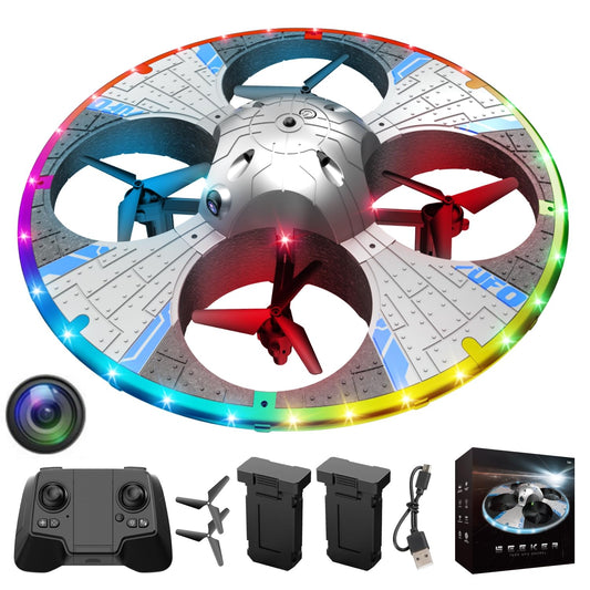 Round Foam RC UFO Drone with Camera, Multi-Color LED Lights (Color Switching), 360° Flips, Speed Adjustment, Beginner-Friendly FPV Quadcopter Airplane (Silvery)