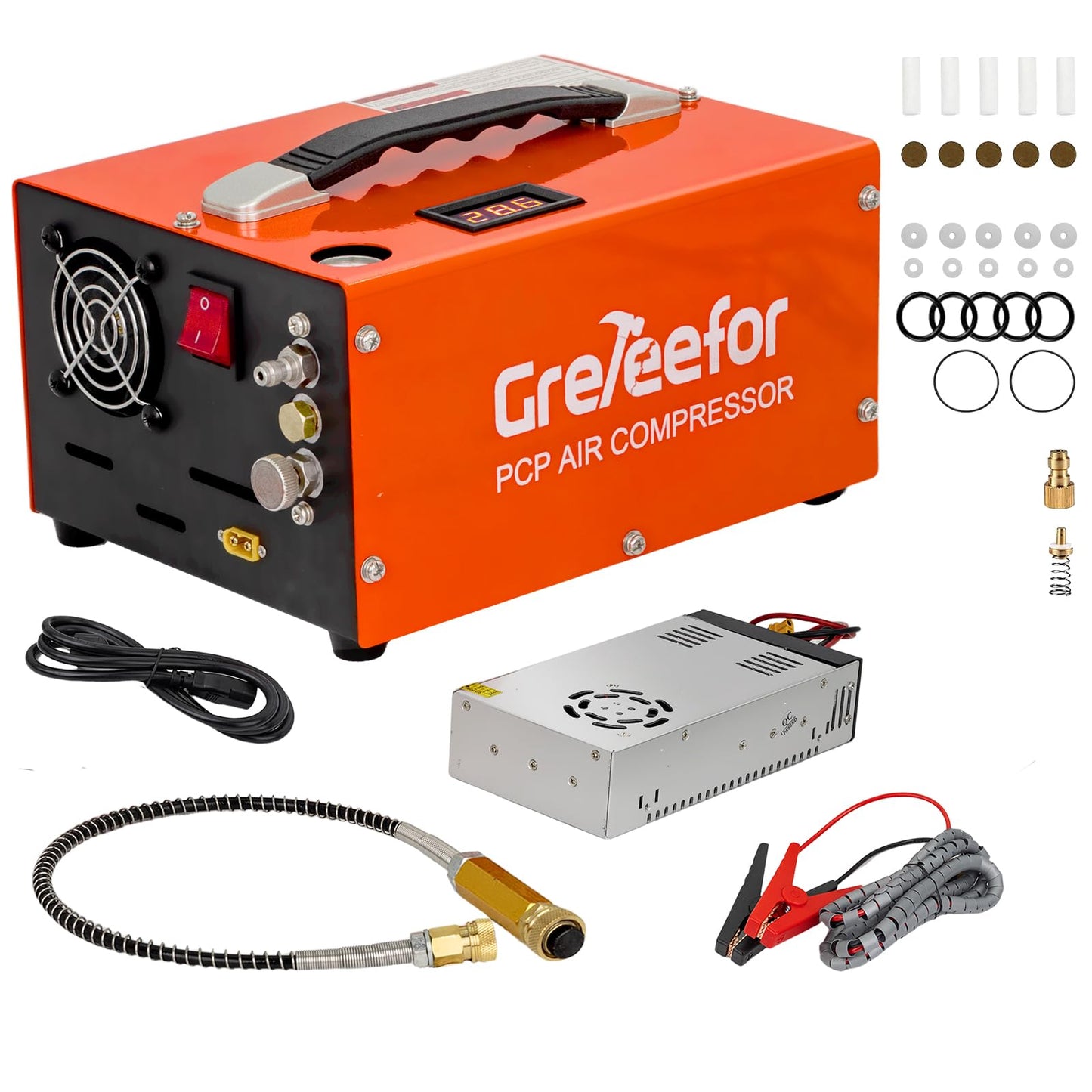 PCP Air Compressor, 4500 PSI / 30 MPa, Dual Power Car 12V DC or Home 110V/220V AC, Retractable Handle, Water/Oil-Free for Paintball/PCP Rifle/HPA Tank, Manual Stop, 250W, Orange