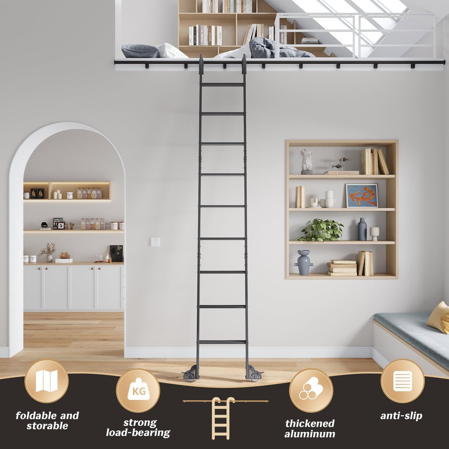 Fredbeck 10FT Rolling Library Aluminium Step Ladder 120" with 4FT Sliding Hardware Track Kit Bottom Wheel Included,for Kitchen,Loft,Warehouses,Bookstore,Atti,Dressing Room,Metal Black