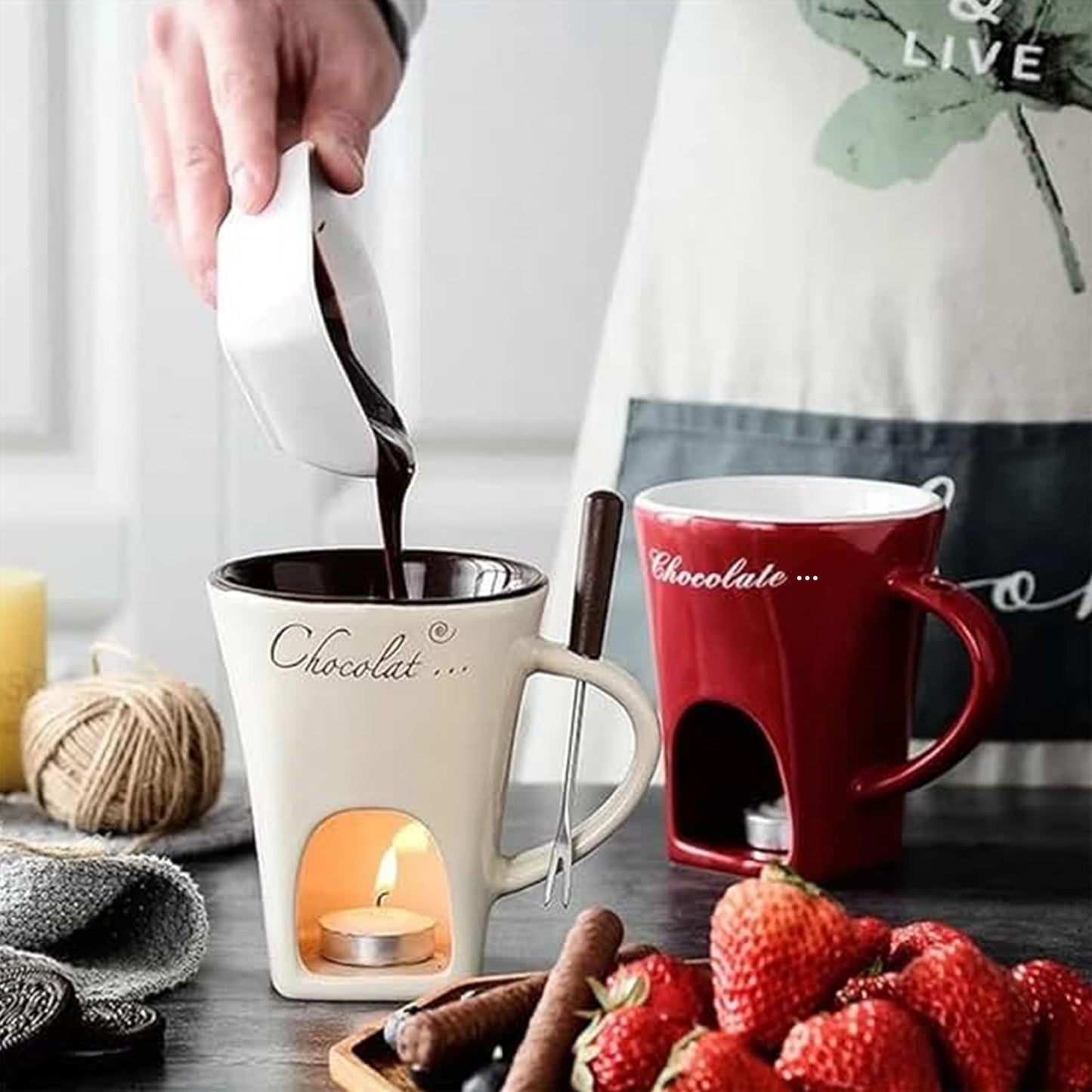 Chocolate Fondue Mugs Contain Fondue Bliss Cup & Forks, Chocolate Melting Cup, Mini Chocolate Fondue Set Without Tealights, Fondue Cups With Forks For Date Night Birthday Wedding Gifts (White)