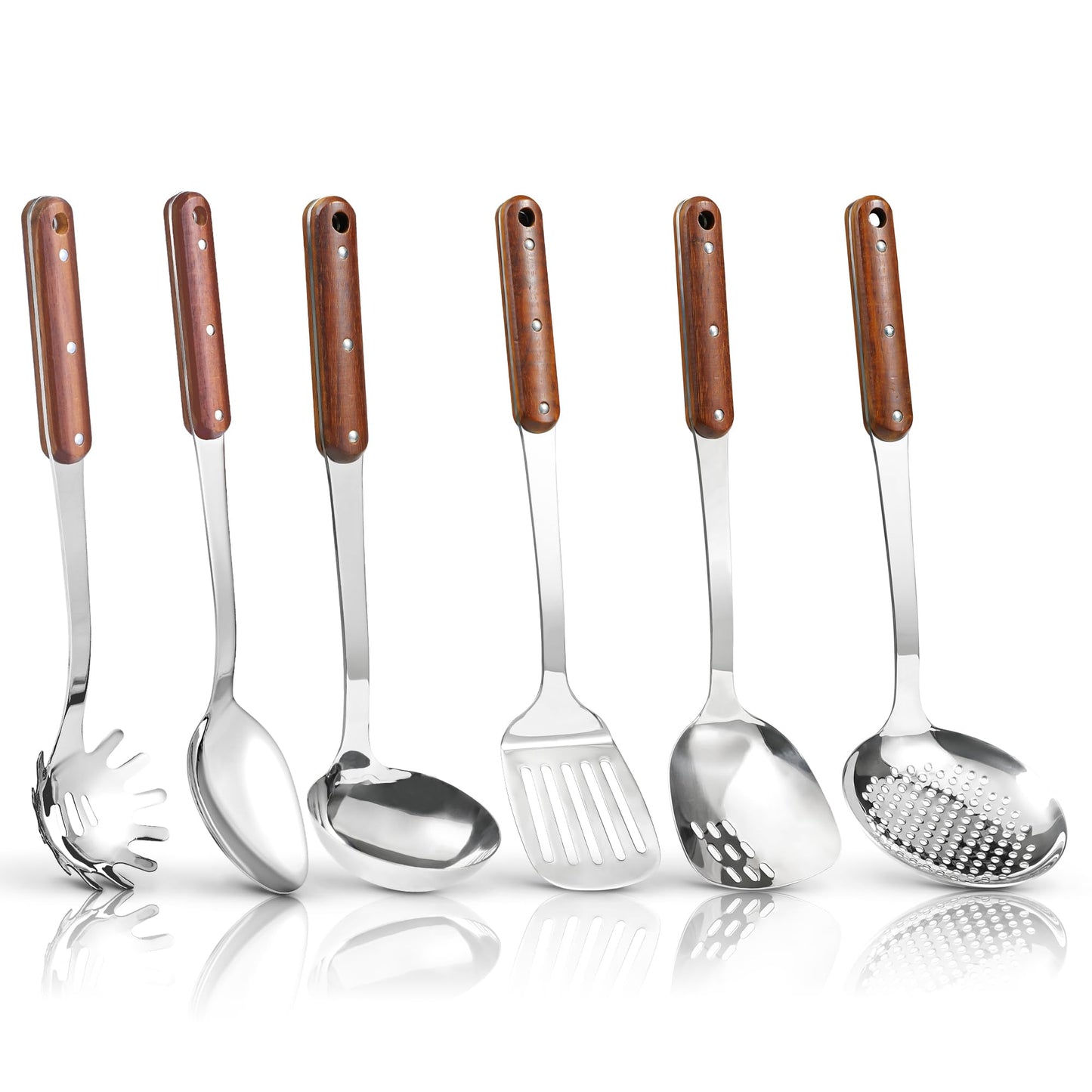 FJNATINH Stainless Steel Cooking Utensils Set, Mirror Polished 6 Pieces Kitchen Utensils Set, Kitchen Tools Set With Wooden Handle Non-Stick Heat Resistant,Dishwasher Safe, Easy to Clean